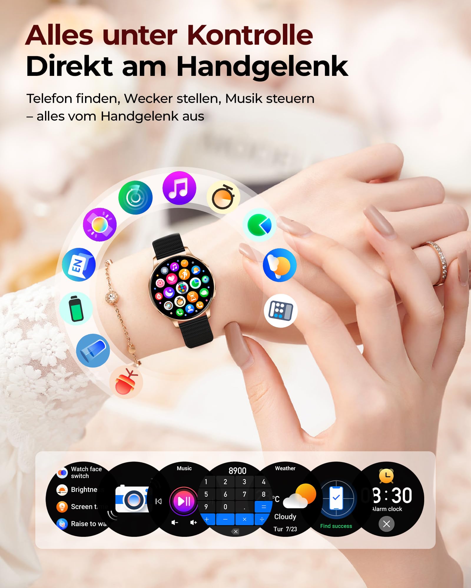 Iaret Smartwatch Damen Rund mit 3 Armbändern, 1,27" AMOLED Display, Telefonfunktion, 120+ Sportmodi, 24H SpO2/Puls, Schlafmonitor, Fitnessuhr für iOS Android, Schwarzgold - Geschenk für Frauen