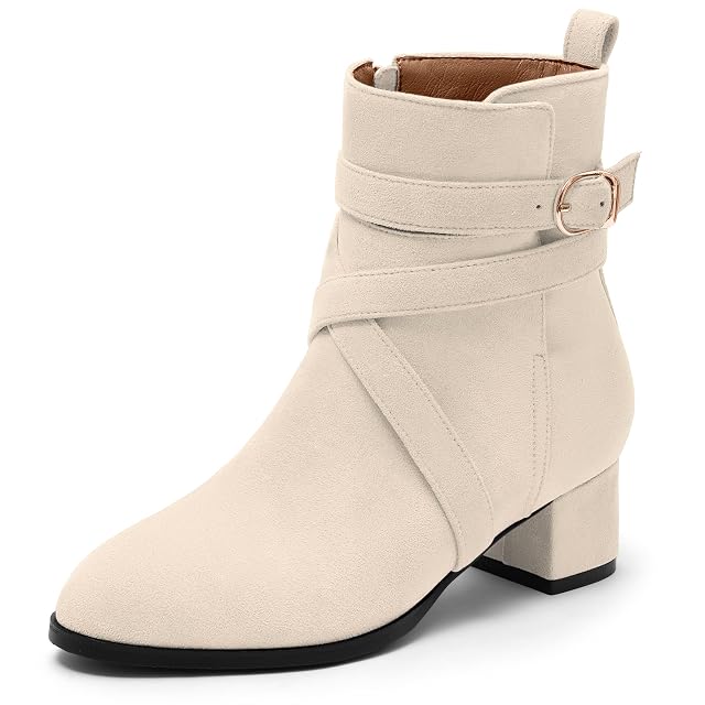 NUMALEO Womens Fashion Casual Ankle High Buckle Comfort Heeled Solid Round Toe Ankle Adjustable Strap Synthetic Ankle Boot