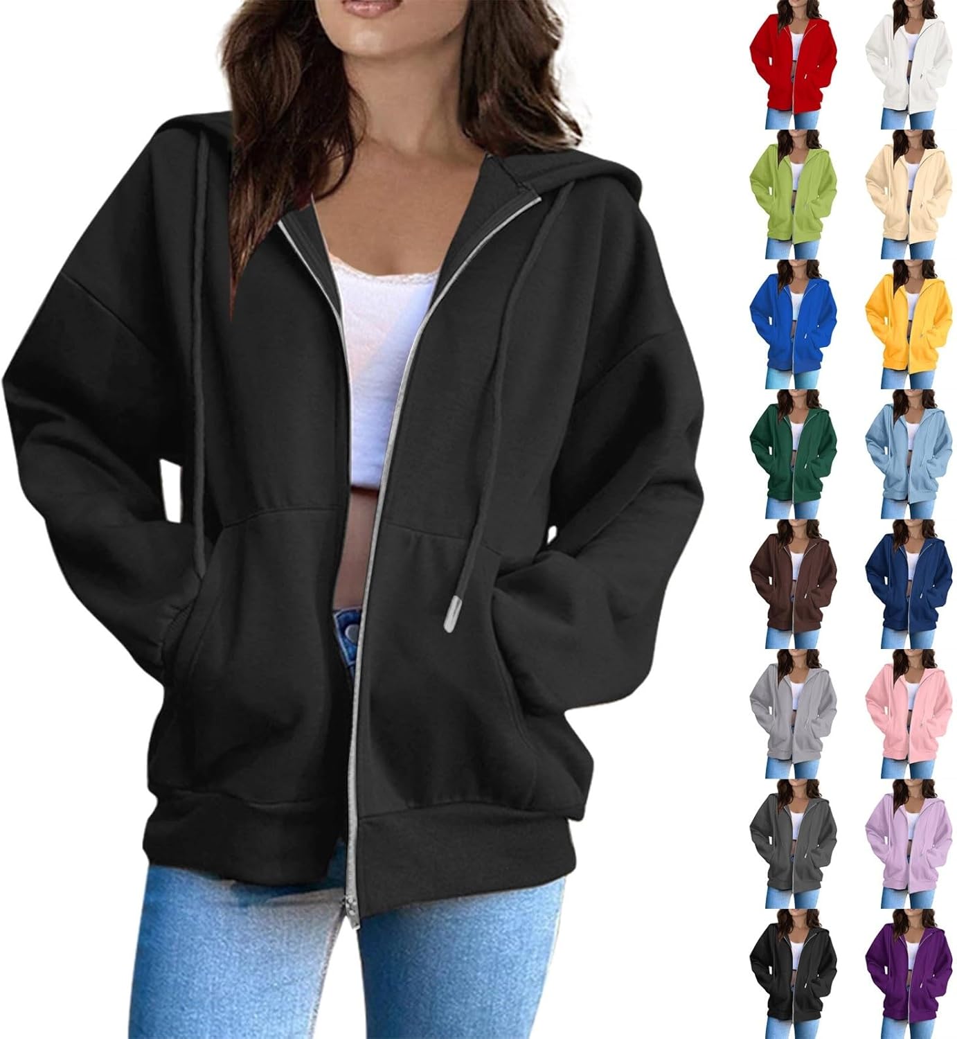 Zip Up Hoodie Women Casual Long Sleeve Oversized Sweatshirts Y2k Loose Fit Fall Lightweight Jacket