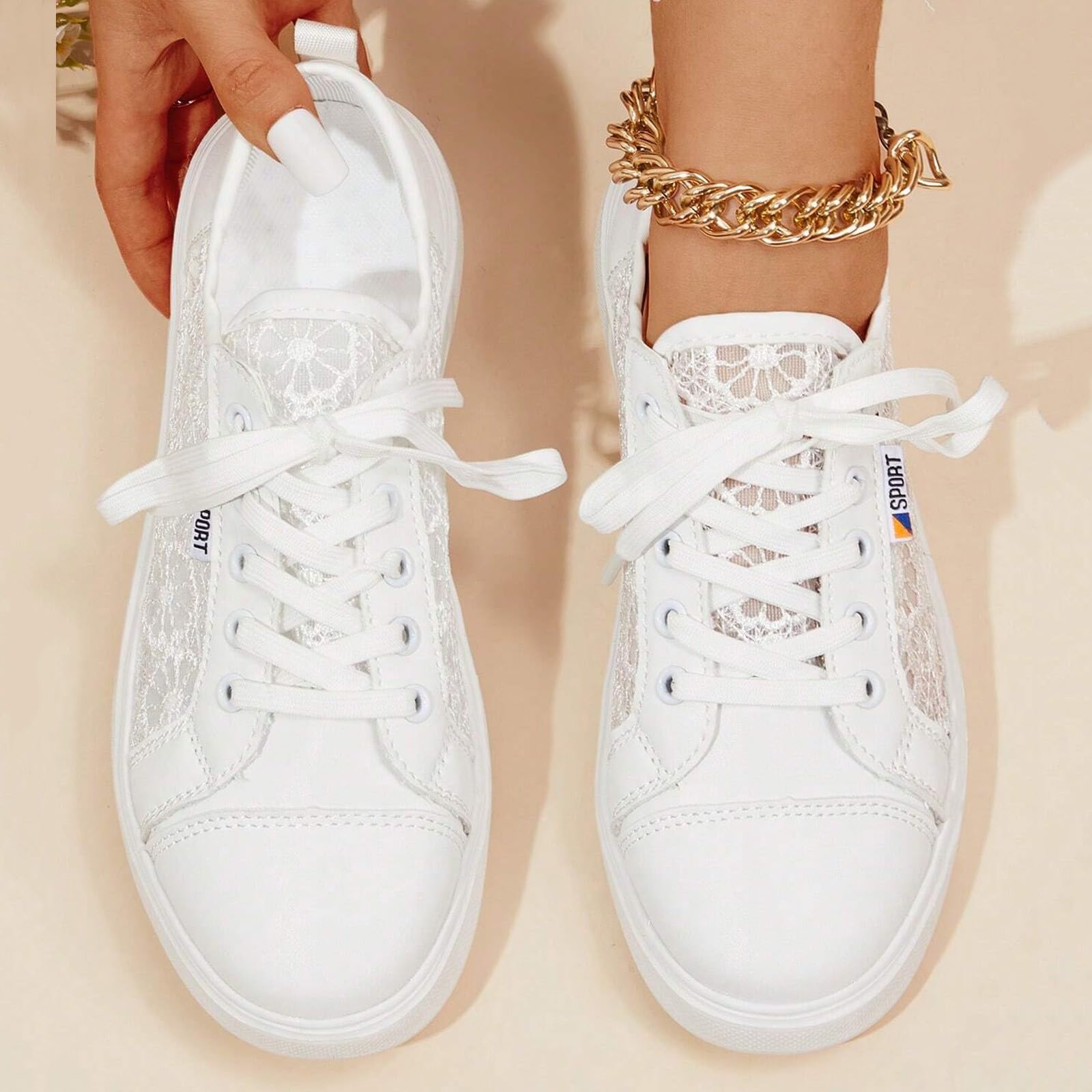 Zapatillas de mujer con flores de encaje zapatos casuales transpirables elegantes con cordones deportivas ligeras planas