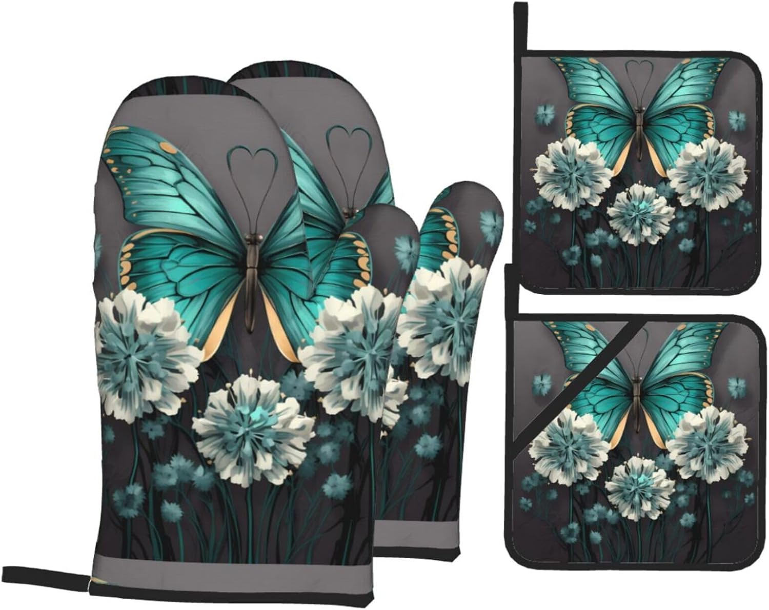 (Gray Teal Flower Butterfly) Baking 4-Piece Set: 2 Oven Mitts and 2 Pot Holders Heat Resistant Waterproof Hanging Loop for Kitchen Oven Grill Housewarming Gifts