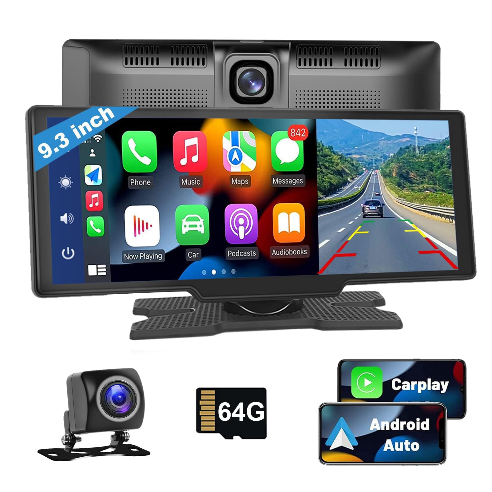 Podofo 9,3 Pollici Portatile Autoradio da 2.5K Dual Dash Cam con Schermo Android Auto Wireless A-pple Carplay, 7-32V Touch Screen con Assistente Vocale/Bluetooth/FM Trasmettitore/AUX/64G TF Card