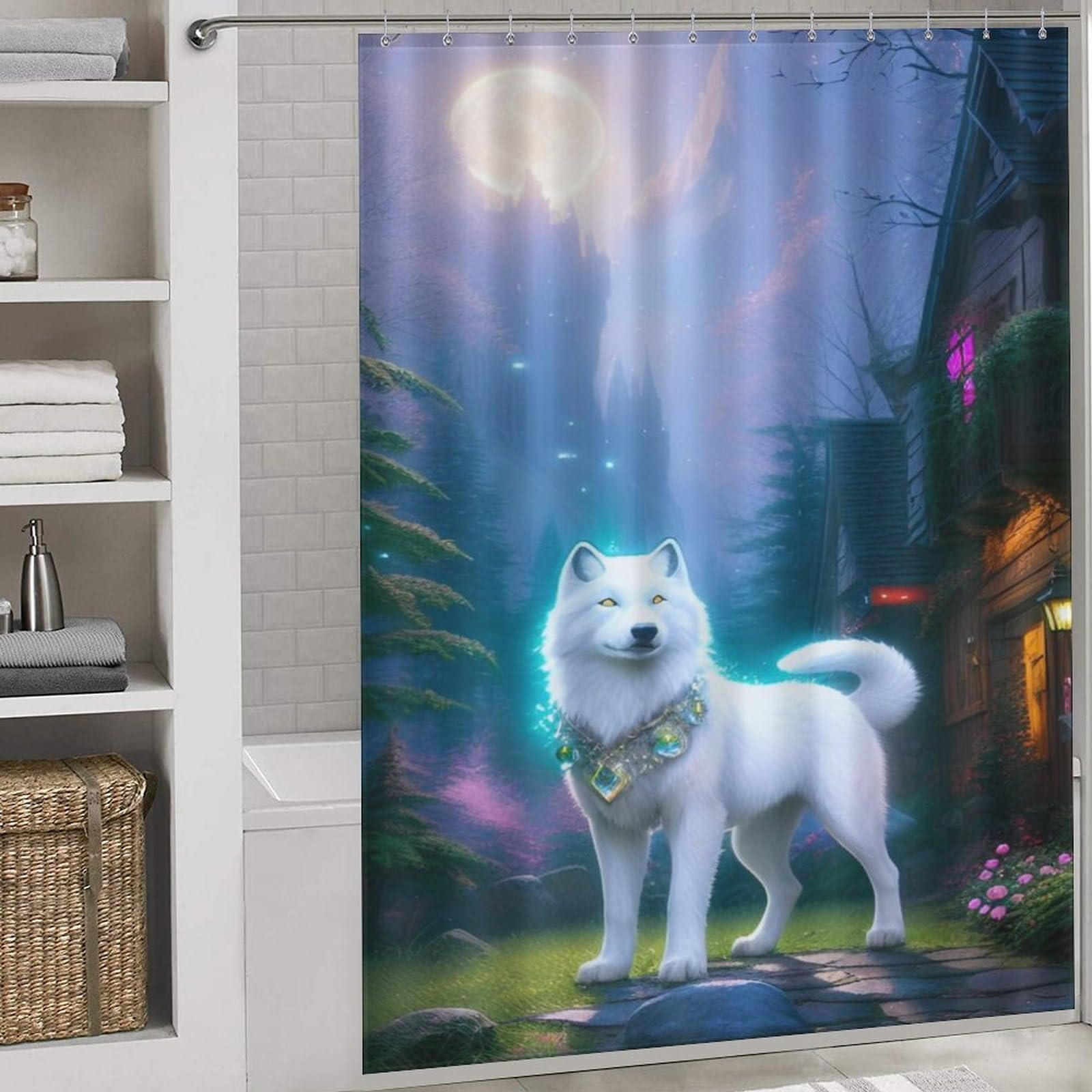 Rideau de douche loup en tissu polyester pour une décoration sauvage mystique