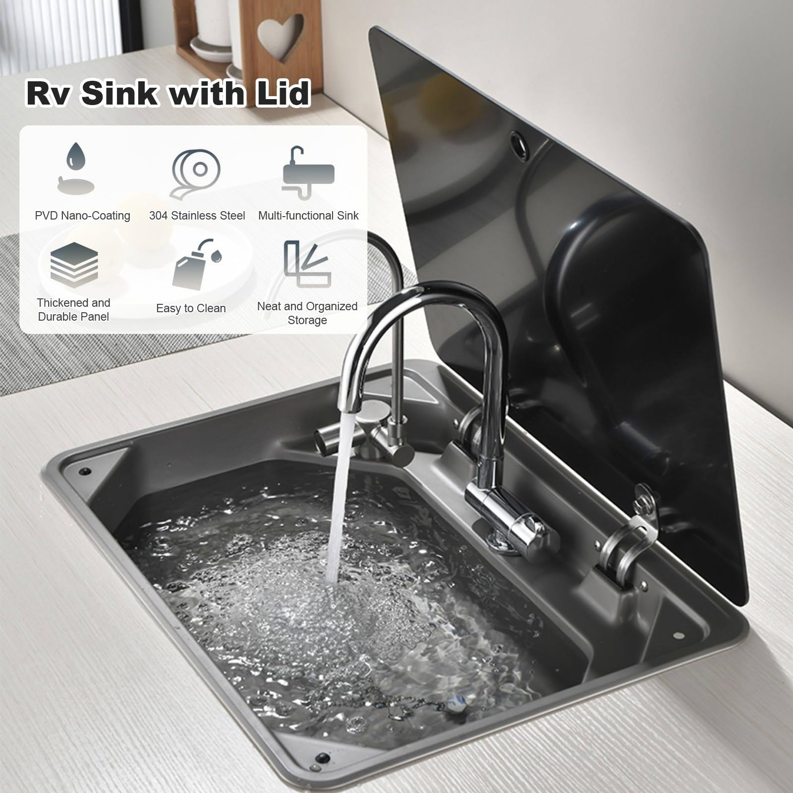 Fregadero de Cocina para Autocaravana con Tapa, Fregadero de Acero Inoxidable 304 para Montaje Bajo Encimera con 2 Grifos Plegables para Barco, Yate, Remolque, Cocina Pequeña