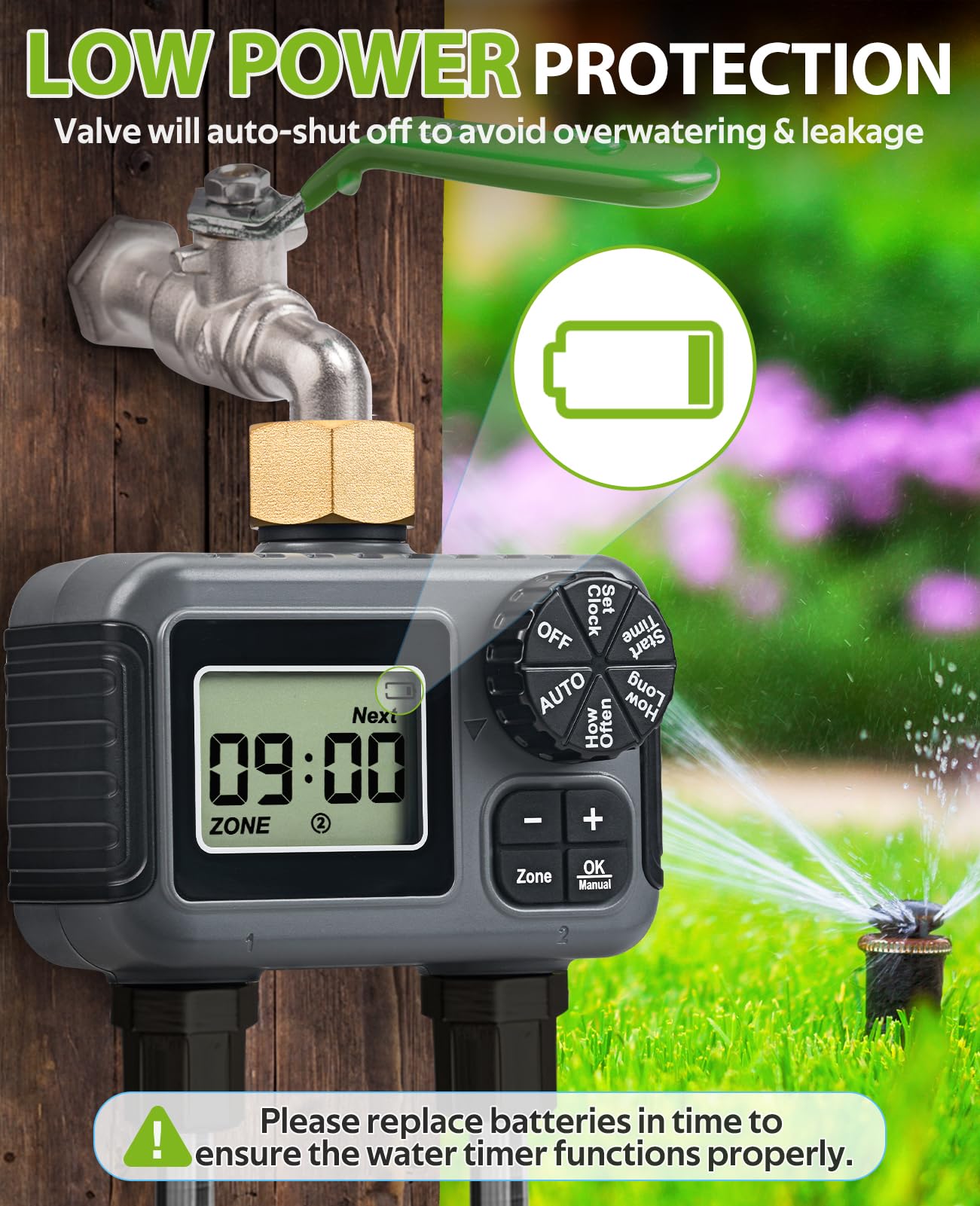 HIRALIY Timer per irrigazione, timer per tubo da giardino, 2 zone, programmabile per irrigazione, sistema di irrigazione automatico per prato da cortile, girevole in ottone, impermeabile IP5