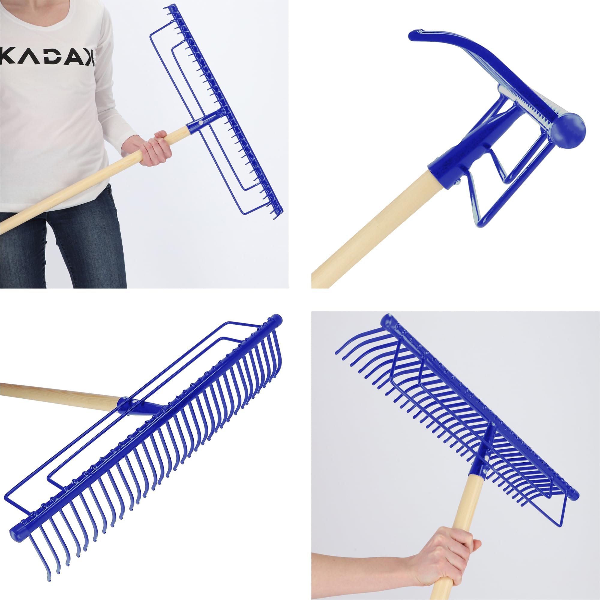 KADAX Rastrillo de metal, rastrillo ancho con cabeza reforzada, rastrillo de jardín con mango largo de madera, resistente herramienta de jardín (32 dientes, azul)