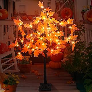 Dehoxara 4FT Prelit Maple Tree Artificial Fall Tree with Acorn Pine Cone 56 LED Autumn Lighted Tree for Thanksgiving Harvest Wedding Party Home Indoor Outdoor Decor