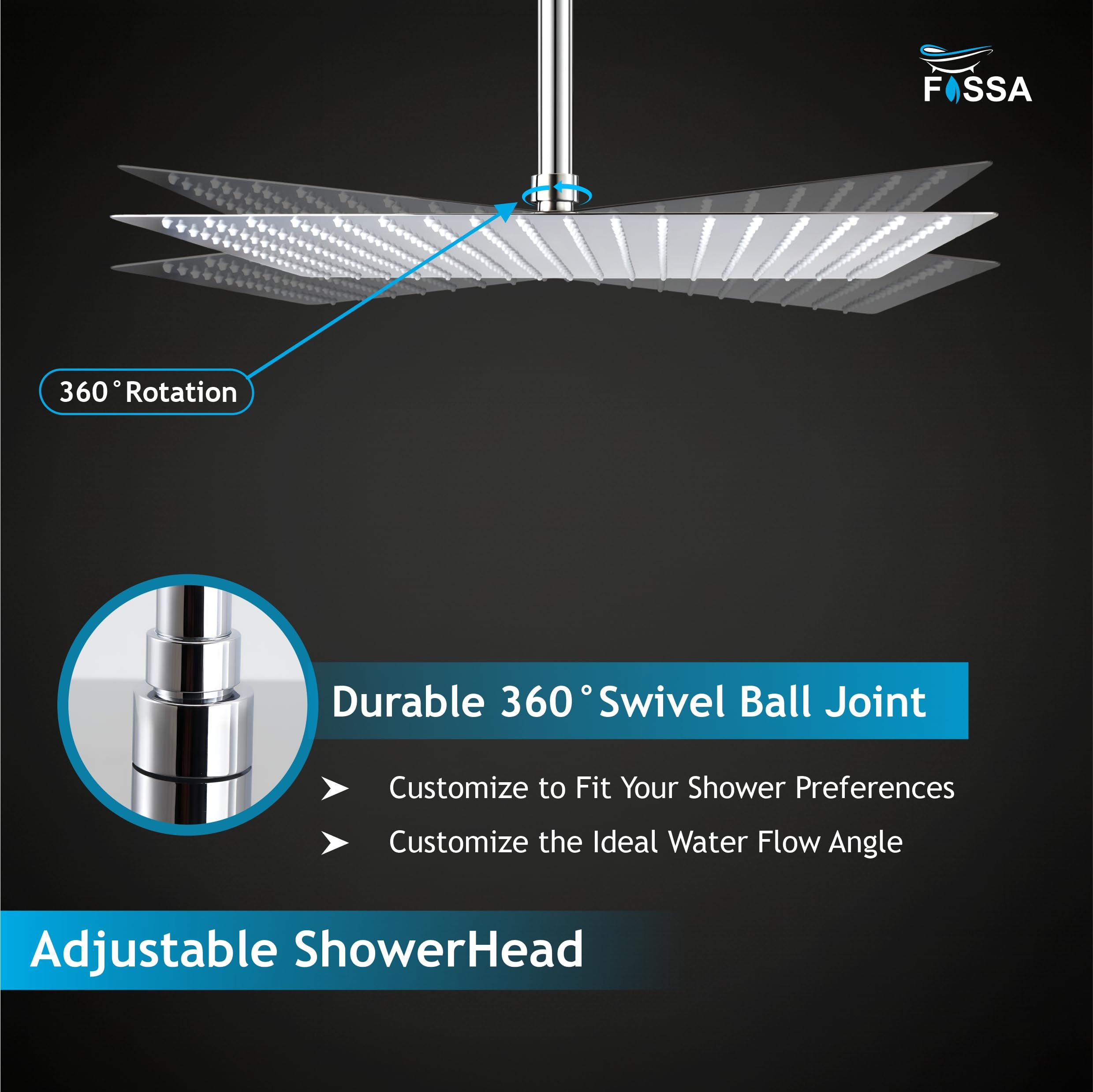 Fossa Ultra 16x16 Inch 1-YEAR WARRANTY 304 Stainless Steel Rain Shower Head – Overhead Shower, High Pressure with 360° Rotation, Self-Cleaning Silicone Nozzles (Chrome Finish) 2