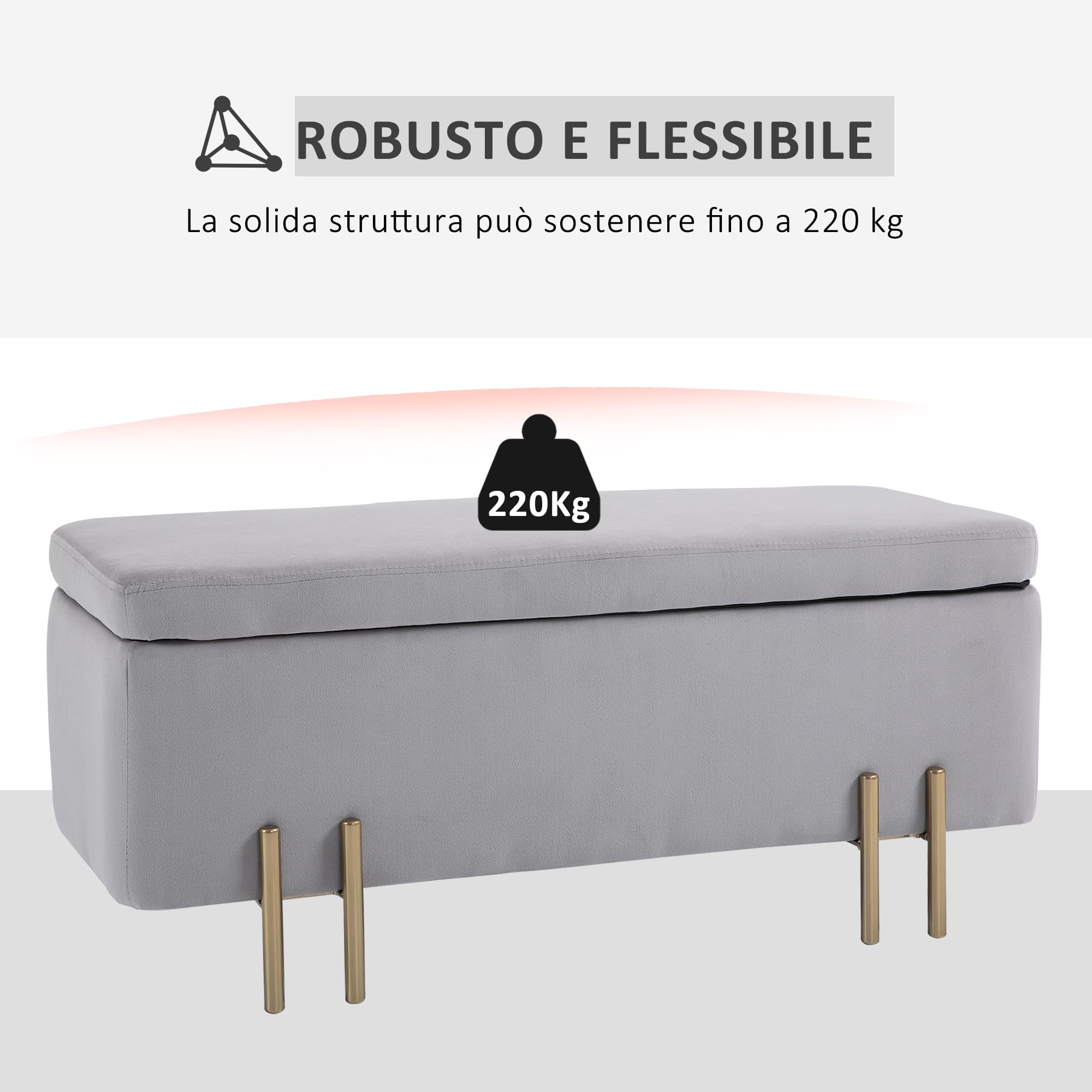 HOMCOM Cassapanca Panca Contenitore Poggiapiedi 72L con Vano Portaoggetti e Coperchio Sollevabile, Pouf Panca Imbottita in Velluto e Gambe in Metallo per Camera da Letto e Ingresso, 100x40x42cm,Grigio