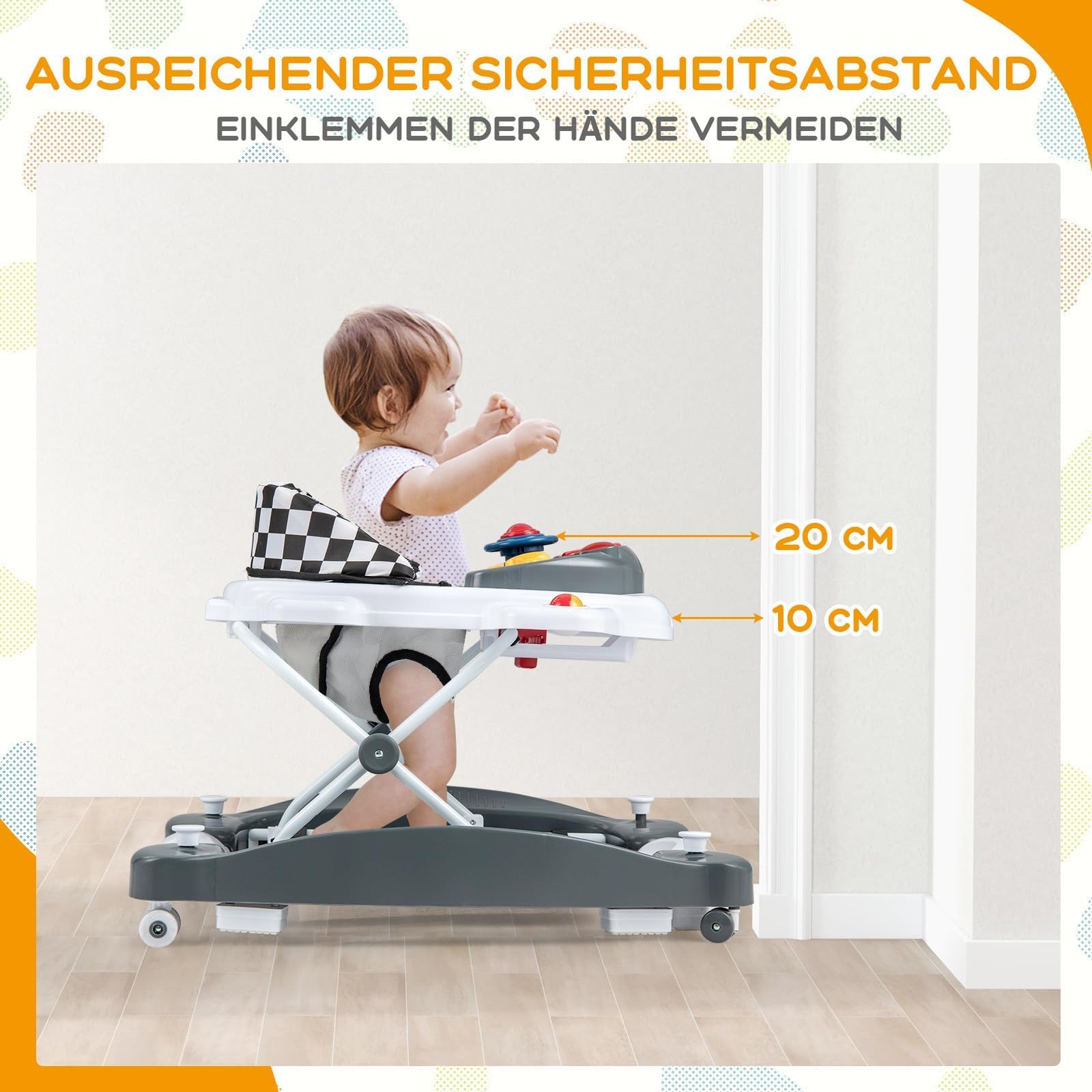 FANTASK Lauflernhilfe, Baby Walker 6-in-1 höhenverstellbar, Lauflernhilfe klappbar mit abnehmbarem Spielbrett Licht Musik & Fußpolster, Laufwagen Gehfrei für Babys ab 6 Monaten, Grau