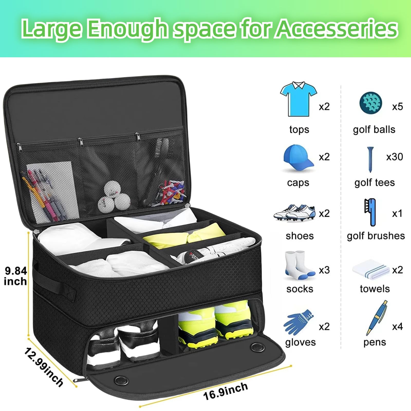 Organiseur de coffre de golf – Sac de rangement pour casier de voiture à 2 couches – Casier d'équipement de golf pour homme et organisateur de chaussures pour balles, t-shirts, vêtements