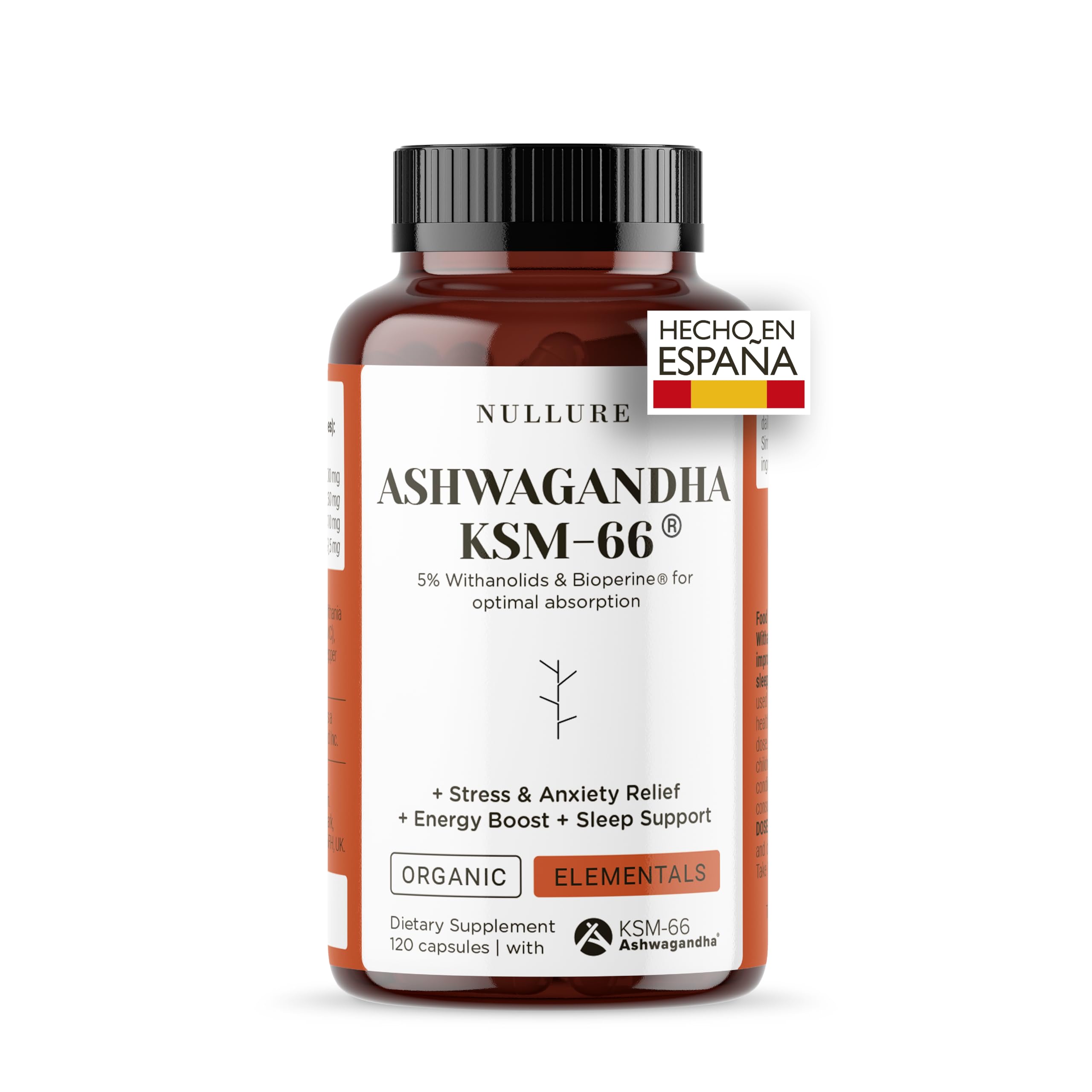 Nullure Ashwagandha KSM-66 Orgánica + Bioperine | Vegana | 600mg | Antiestrés (Cortisol) · Equilibrio Emocional · Resistencia | Ashwagandha Ecológica | 5% Withanolides | 120 caps. (2 meses)