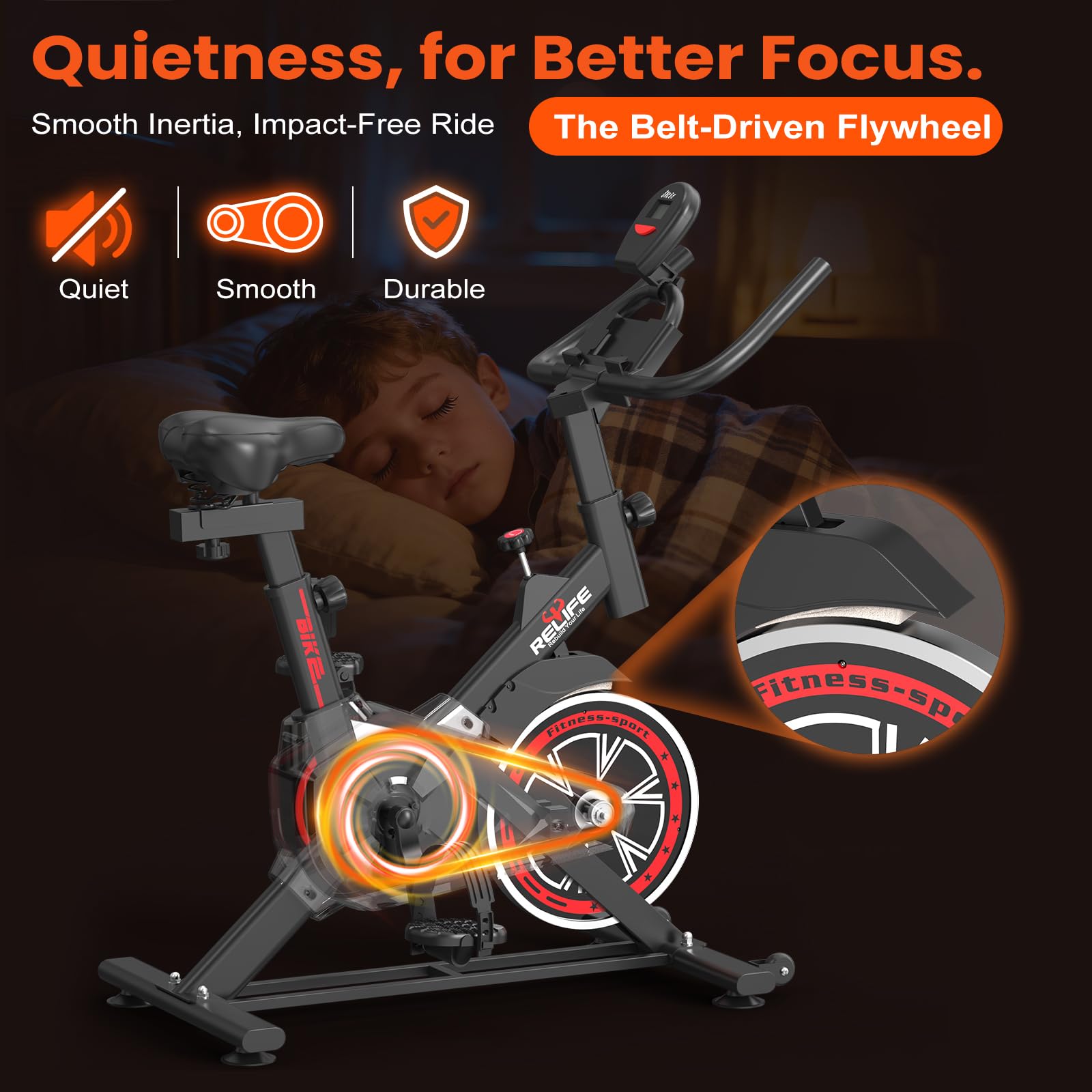 RELIFE REBUILD YOUR LIFE Exercise Bike Stationary for Home Indoor,Cycling Bike with Silent Belt Drive for Home Cardio,Brake Pad Resistance with djustable & Comfort Seat/PAD Holder/LCD Monitor.