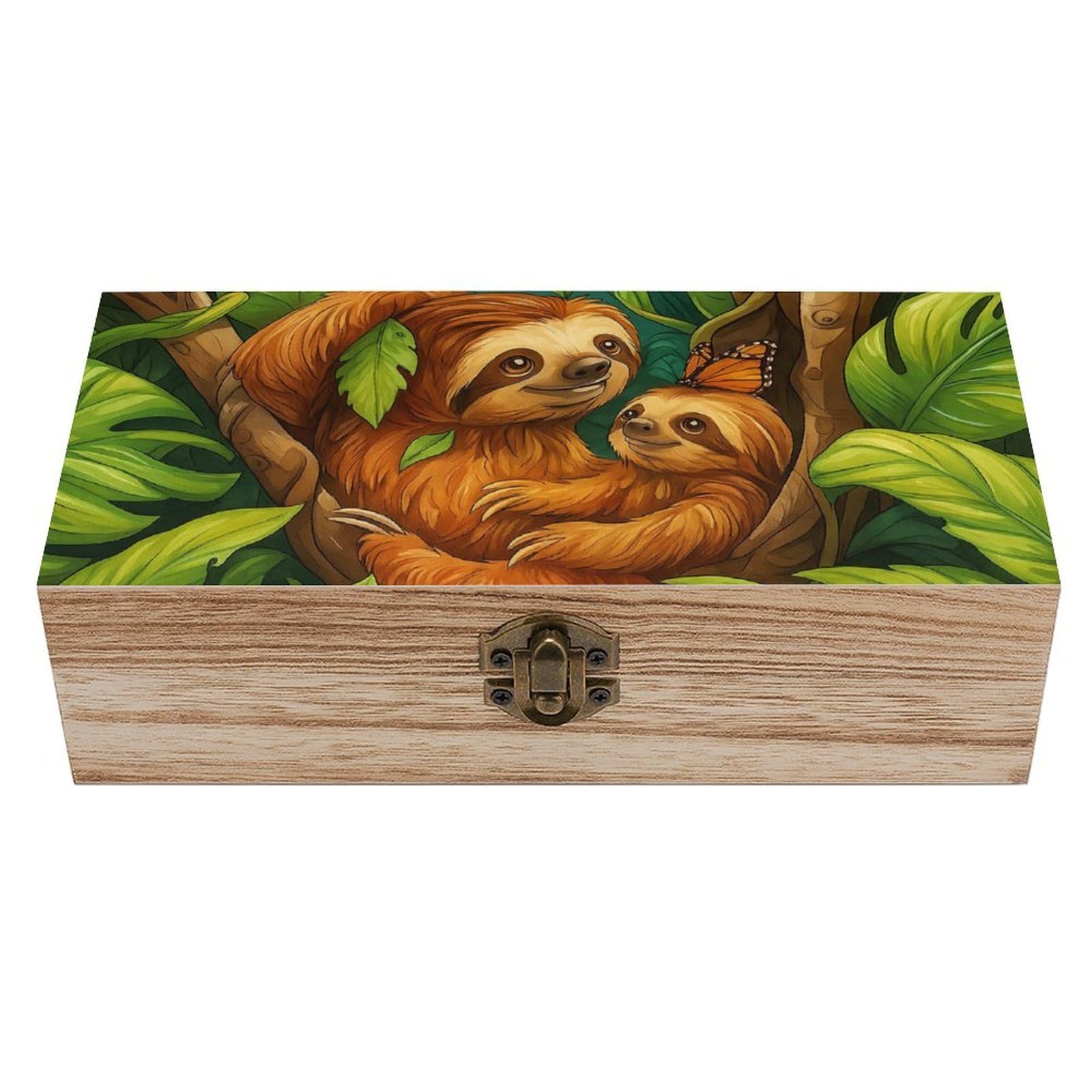 Oudrspo Lovely Sloth Family in Retro Wooden Storage Box Keepsake Jewelry Decorative Art Storages Box Gift Boxs