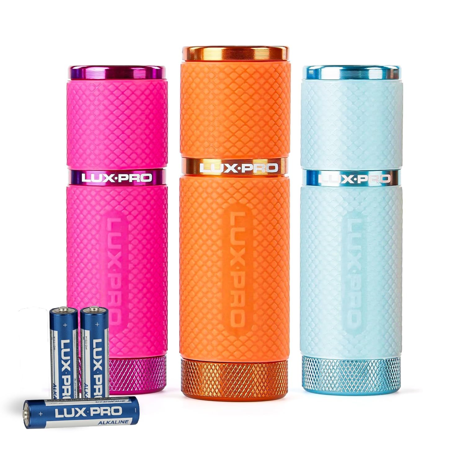 LUXPRO 3 Pack Mini Flashlights - LP395 Gel Glow in Dark - Aluminum LED Flashlights with Maximum Brightness of 40 Lumens - IPX4 Water Resistant - 3 AAA Batteries Included - Pink, Orange & Teal