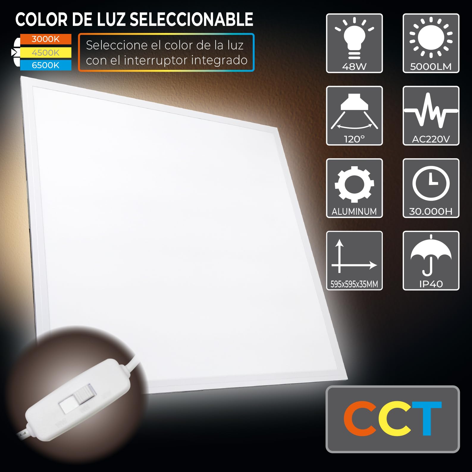 LED ATOMANT Panel LED Empotrable 60x60cm 48W, CCT (Selector de Color Blanco Calido, Neutro y Frio), 5000 Lumenes, Driver incluido