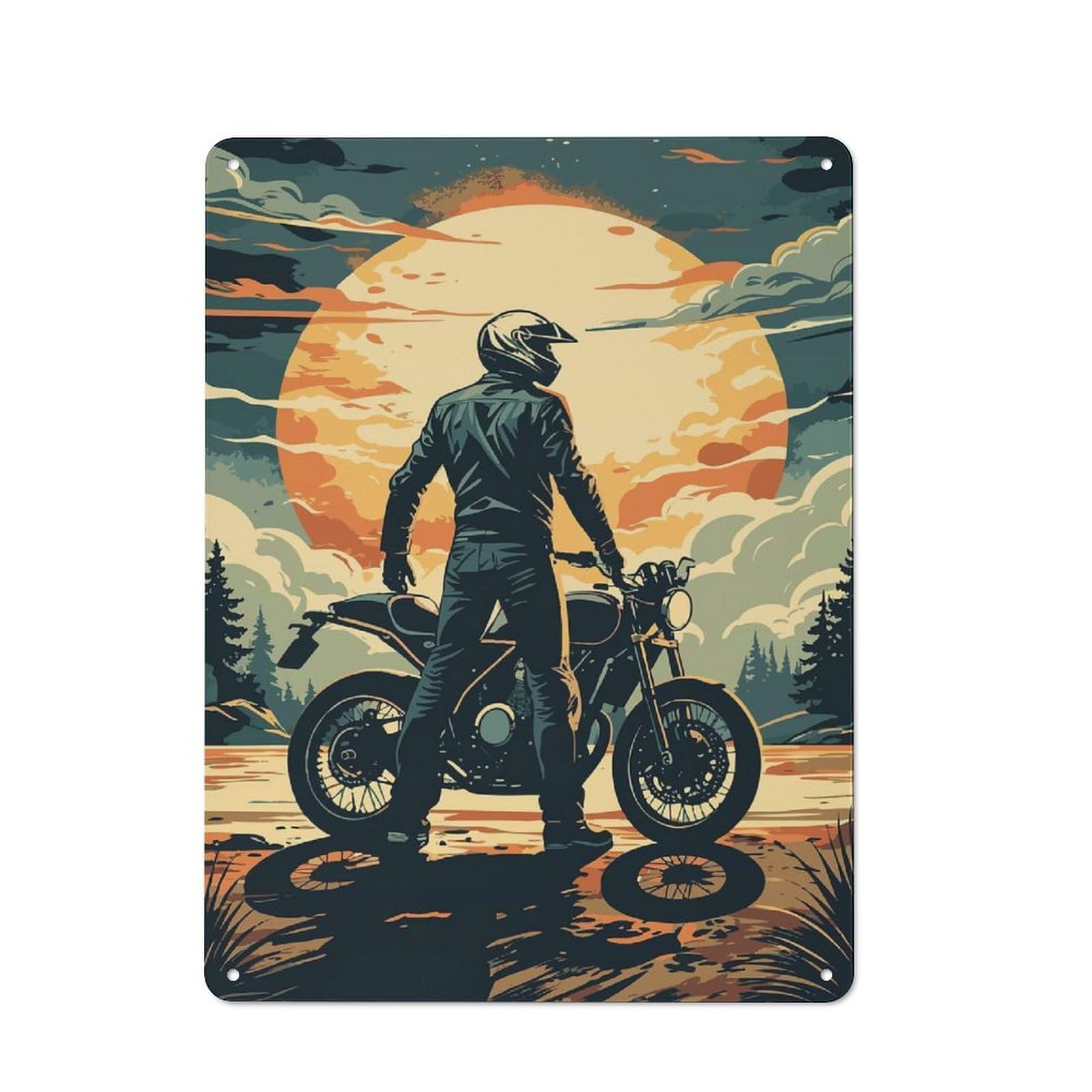 Tin Wall Plaque 40x30cm with Motorcycle Rider at Sunset for Guest Room Or Hallway, for Updating Guest Room And Hallway after Moving
