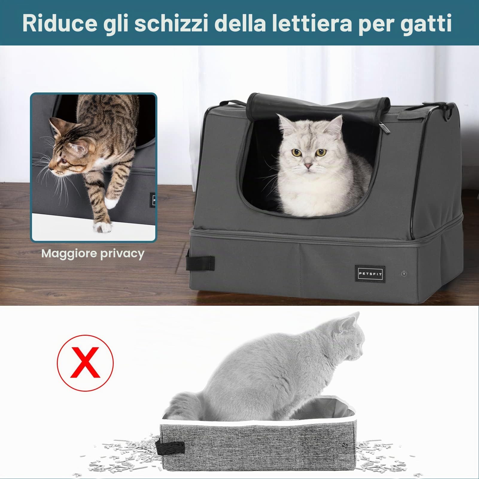 Petsfit Lettiera per gatti portatile da viaggio,Lettiera pieghevole con coperchio, facile da pulire,Grigio