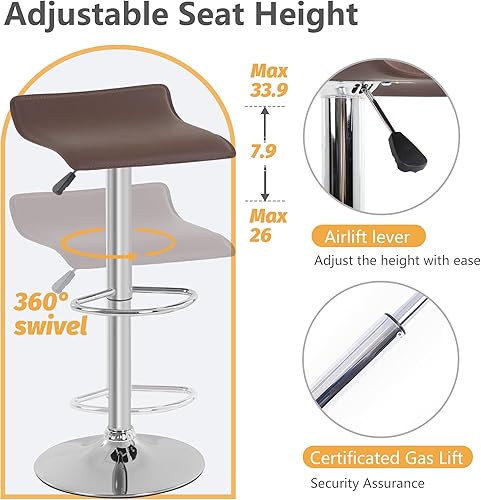 Miniatura 4 de PayLessHere Juego de 2 taburetes de bar modernos de altura ajustable con reposapiés de piel sintética para cocina, encimera, comedor, bar, cafetería