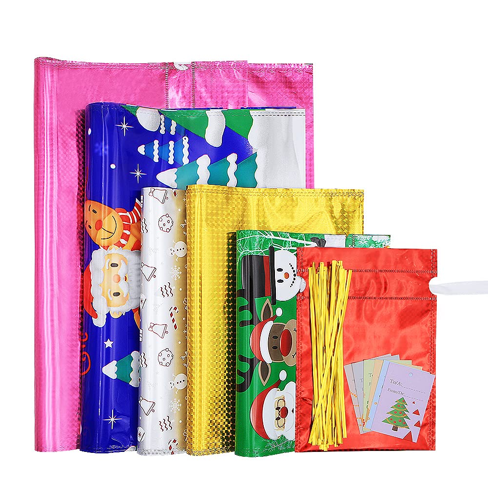Lot de 30 sacs cadeaux de Noël avec cordon de serrage, sacs à friandises, sacs à friandises, sacs à friandises avec rubans et étiquettes en 5 tailles, pour famille, amis, enfants en toutes occasions