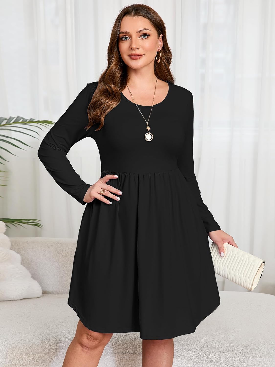 AusLook Women's Plus Size Long Sleeve Midi Dress Casual Empire Waist Loose Flowy Dresses A-Line Boho Long Dress with Pockets - Image 2