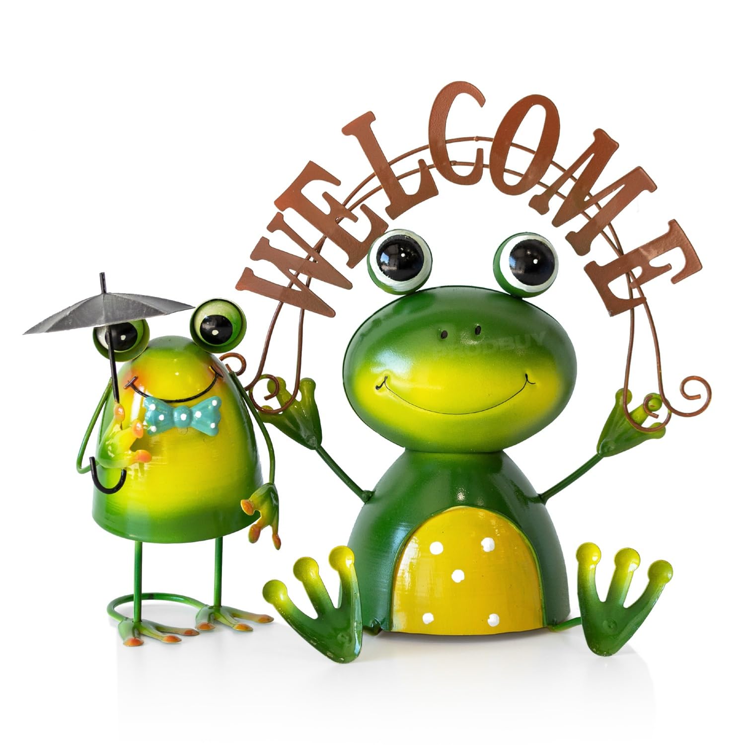 Darthome Green Set Of 2 Frog Ornaments With Welcome & Umbrella Fun Metal Garden Lawn Figures