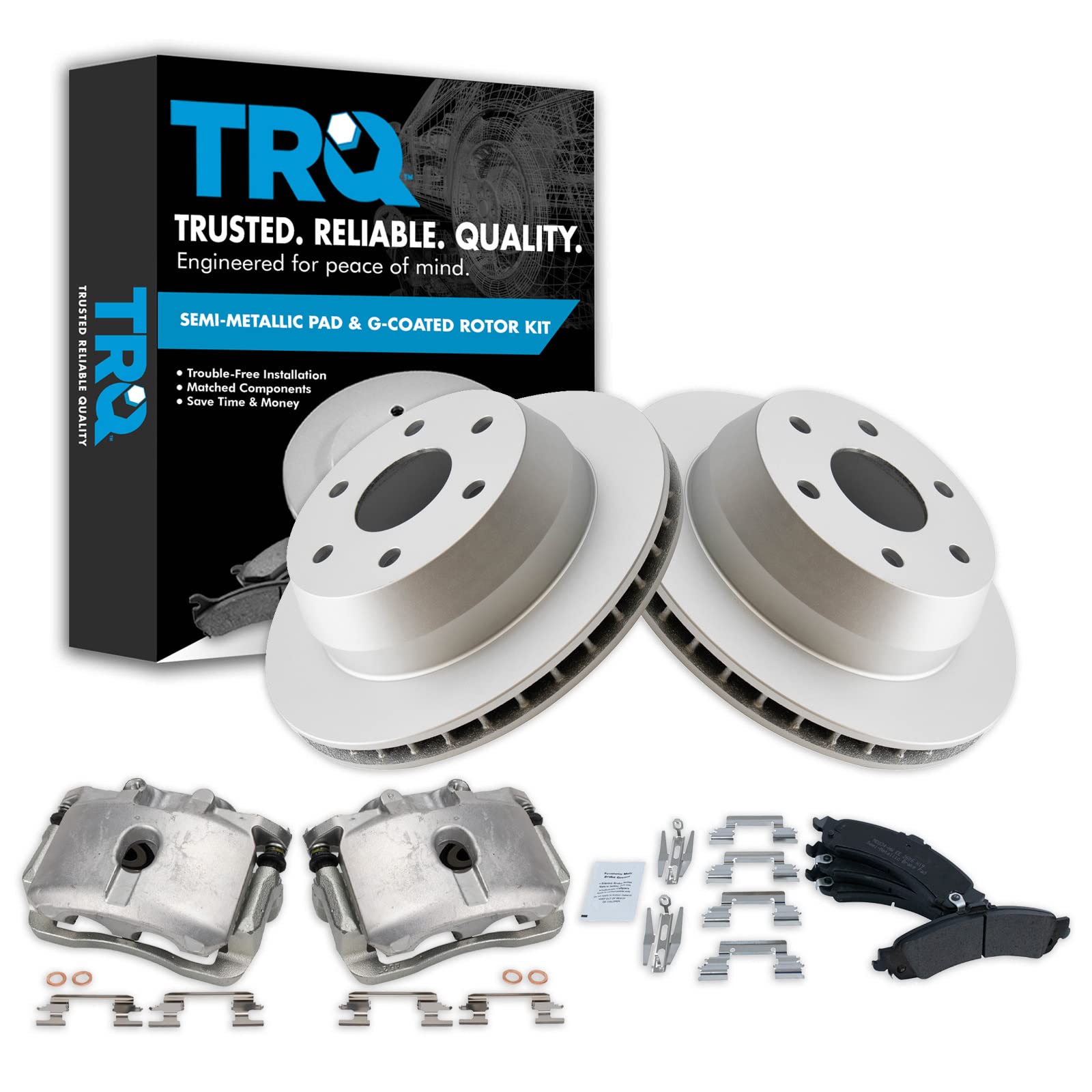 TRQ Rear Brake Pad and Rotor Set Semi Metallic Vented Coated Rotors Calipers Compatible with 2005-2006 Cadillac Escalade 2005 Chevrolet Silverado 1500 2002 GMC Yukon