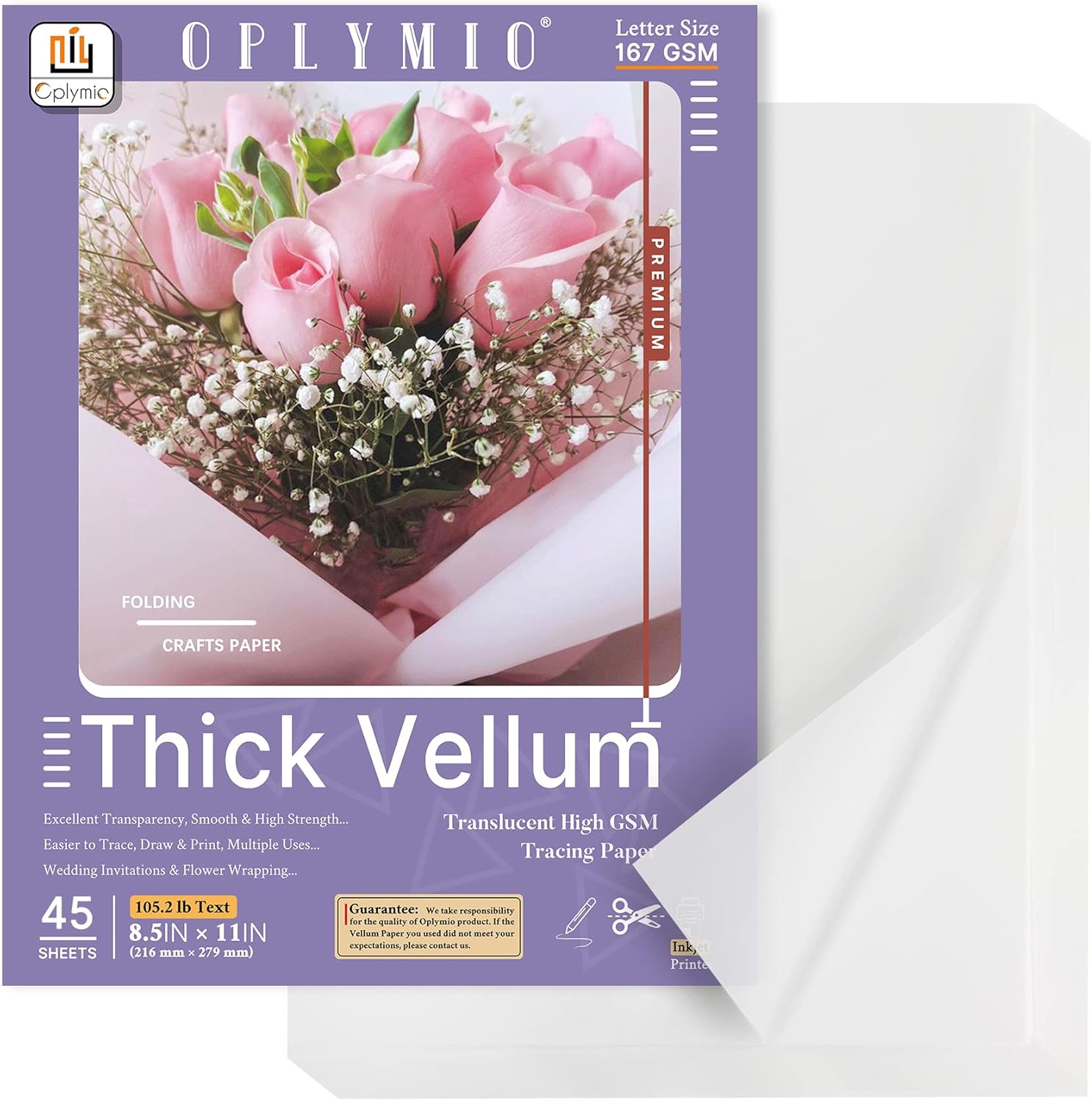 Thick Translucent Vellum Paper, Oplymio 45 Sheets 167GSM Printable