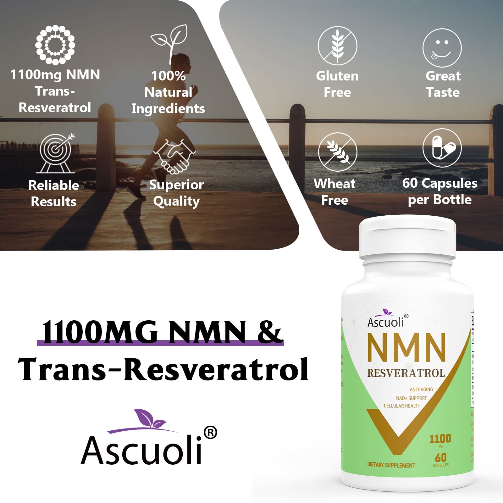 NMN + TransResveratrol 99 Purity 1100mg Supplement, 3IN 1 Advanced