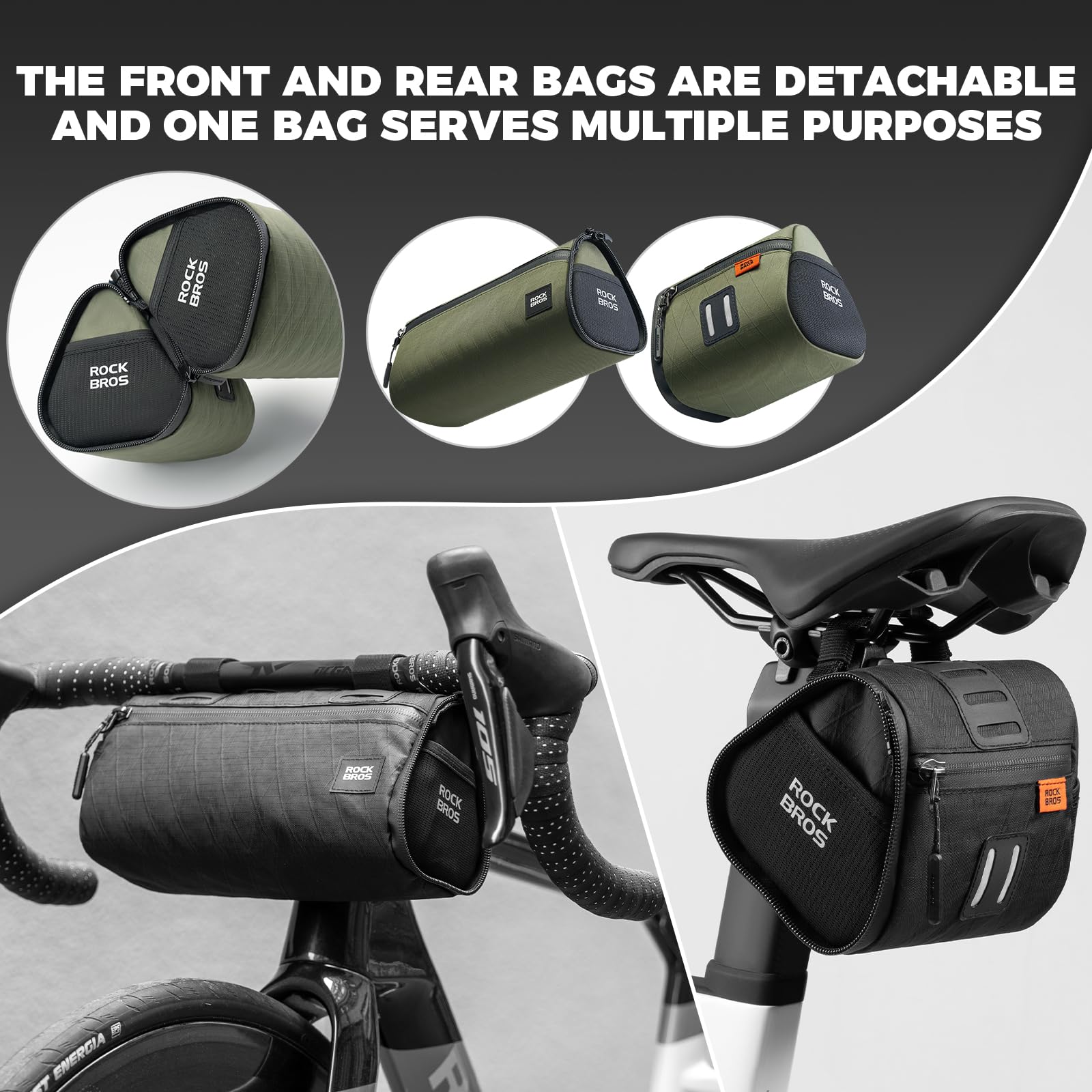 ROCKBROS Borsa da Bicicletta Multifunzionale Combinata 2 in 1, Borsa da Bici per Manubrio 1,3L e Posteriore 0,7L Idrorepellente, con Tracolla per MTB, Gravel, Bici da Strada, Ebike, Verde Militare