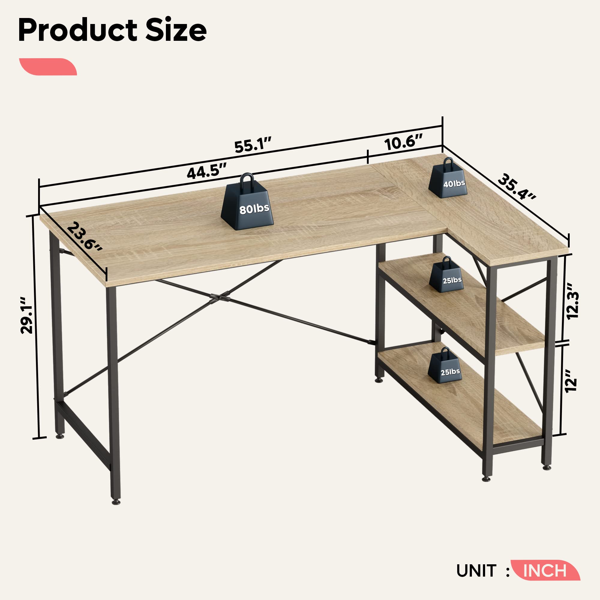 Bestier L Shaped Desk with Storage Shelves 55 Inch Corner Computer Desk