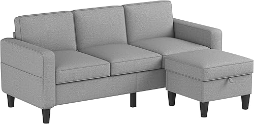 Miniatura 5 de Tumbona y otomana convertible de almacenamiento seccional, respaldo tapizado de lino, sofá esquinero reversible para 3 personas para sala de estar