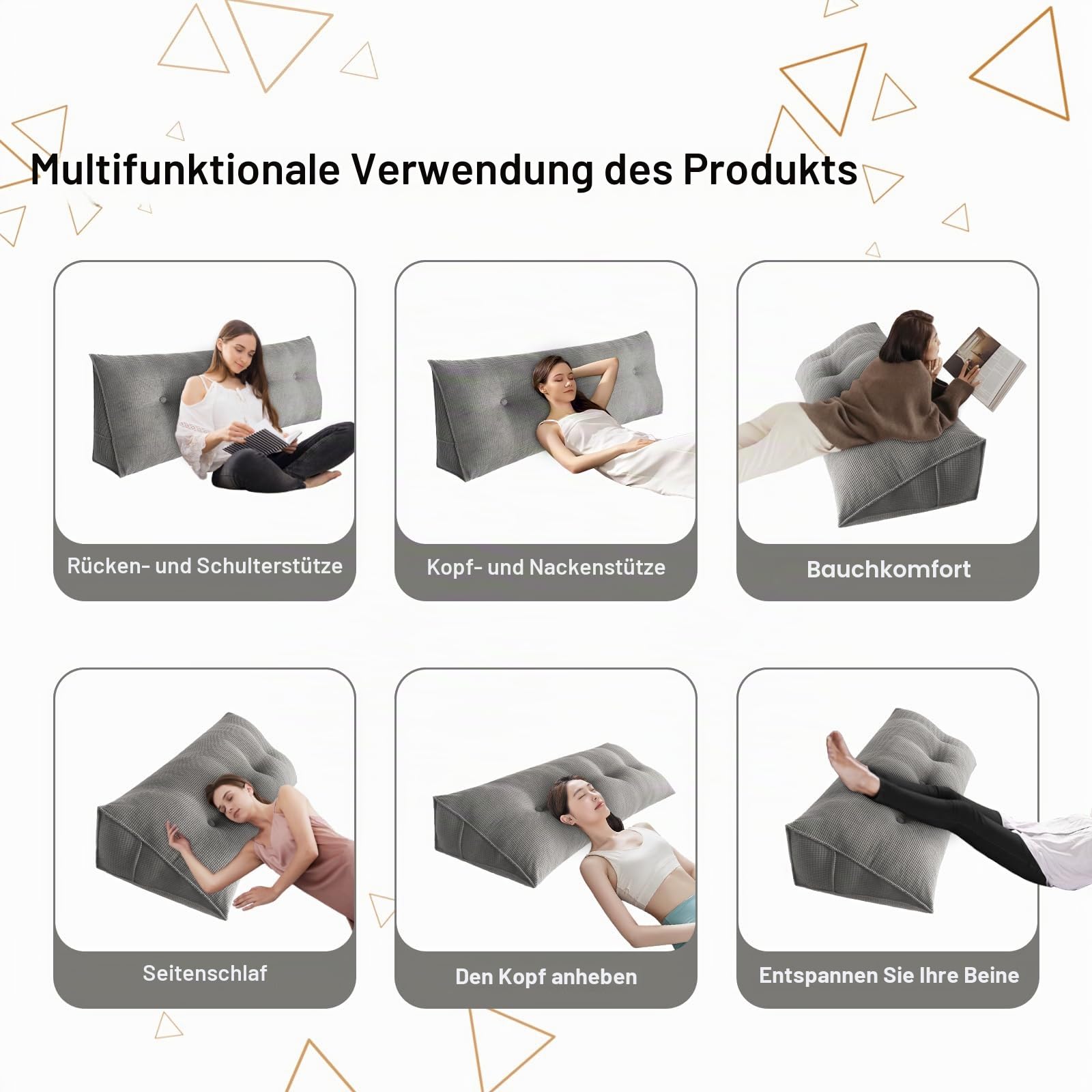 OHMG 120/140/160/180/200 cm, dreieckiges Kopfteilkissen für Bettruhe mit abnehmbarem Bezug, Lesekissen zur Positionierung der Rückenlehne, Lesekissen zum Hinsetzen
