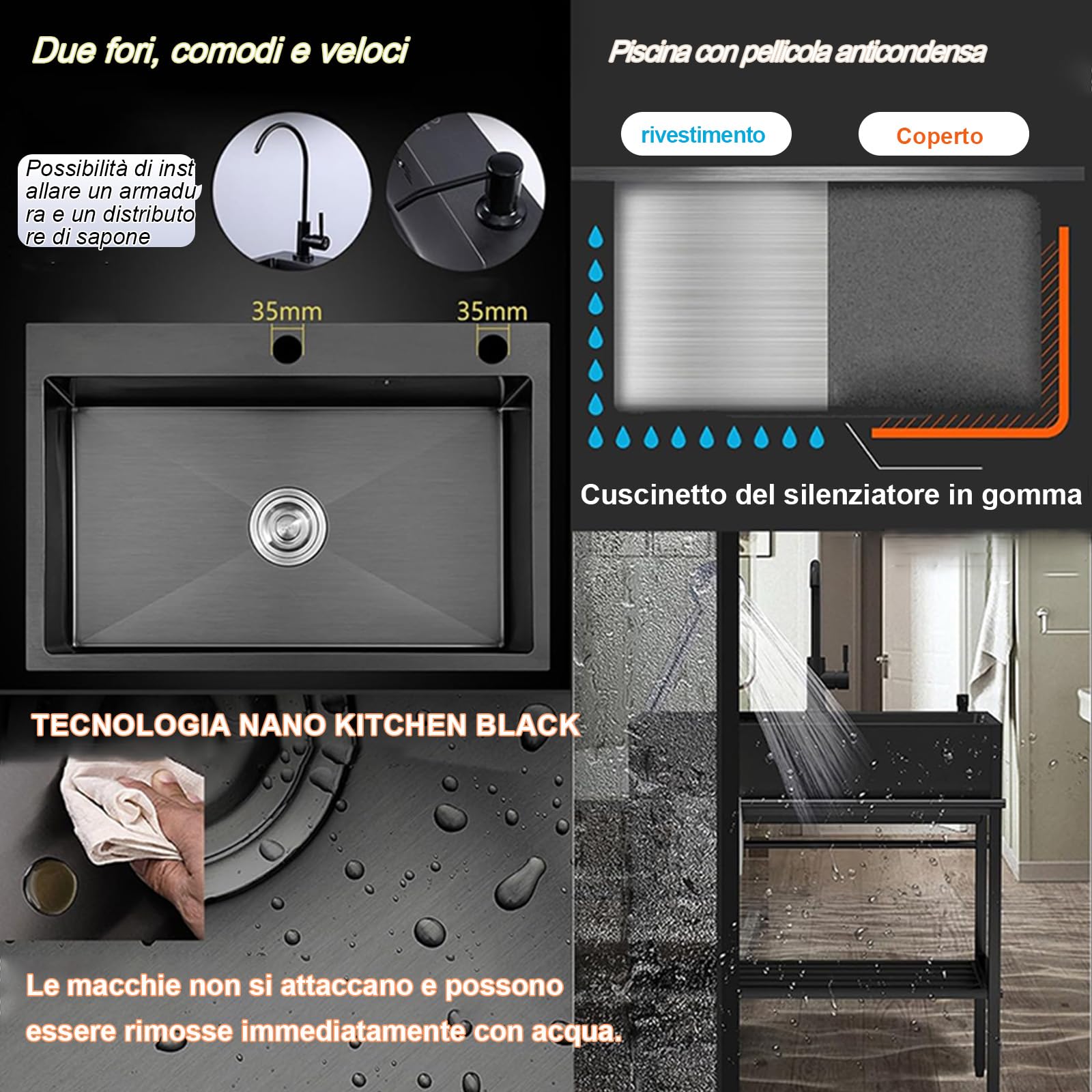 60x45x86cm Lavandino da Esterno, Witriolik Lavello da Esterno Nero con Scolapiatti e Kit di scarico e Rubinetto Alza/Estraibile, Lavello Cucina Professionale per Garage, Ristorante, Cucina, Lavanderia