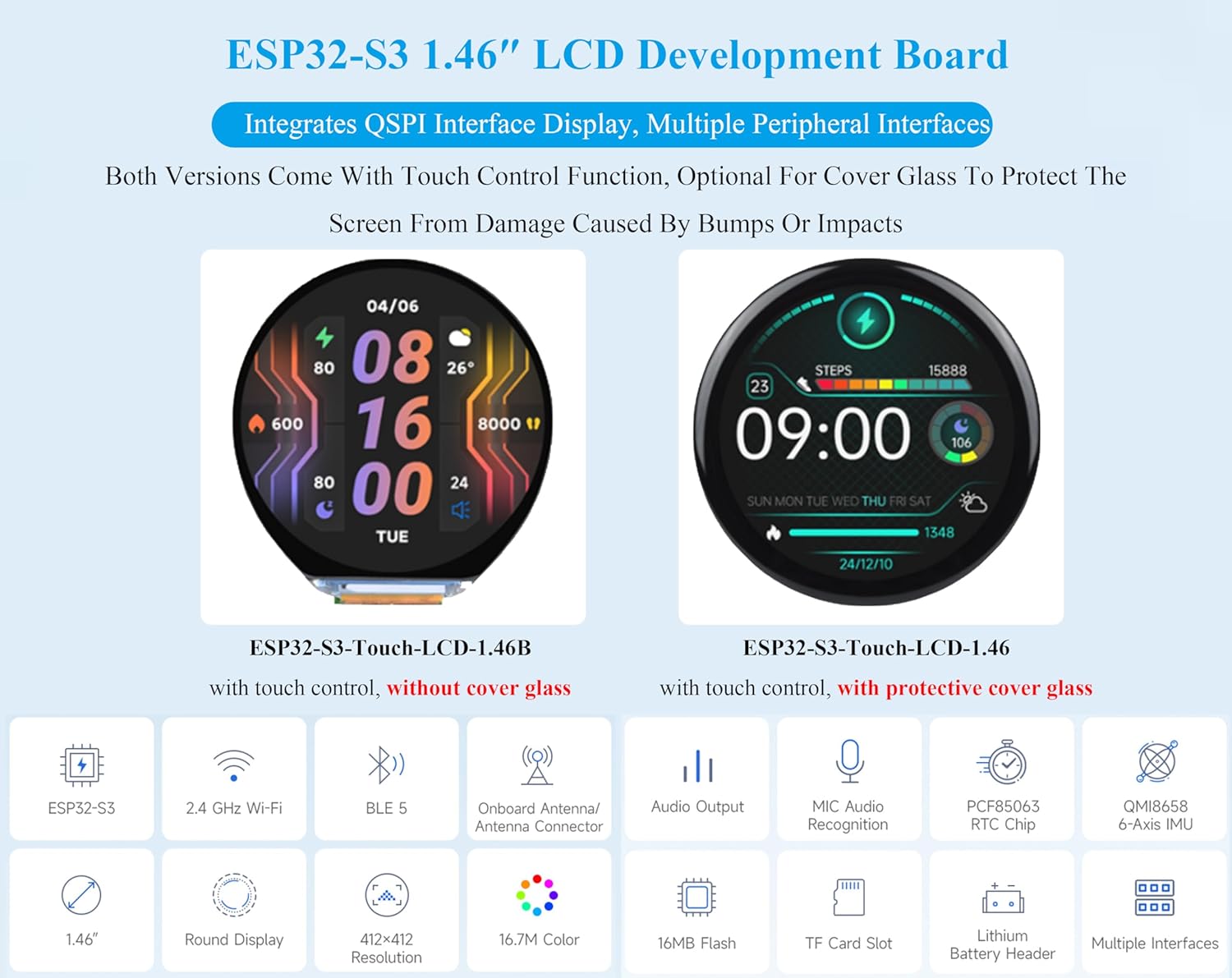 ESP32-S3 1.46inch Round Touch Display Development Board, IPS Display Panel, 412×412 Pixel, Accelerometer and Gyroscope Sensor, Onboard Speaker and Microphone, ESP32 with Display, with Cover Glass