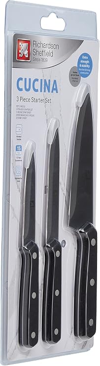 Richardson Sheffield Cucina 3-Piece Knife Starter Set – Black Handles, Stainless Steel Blades – Paring, All-Purpose & Cook’s Knife – Essential Kitchen Cutlery Set