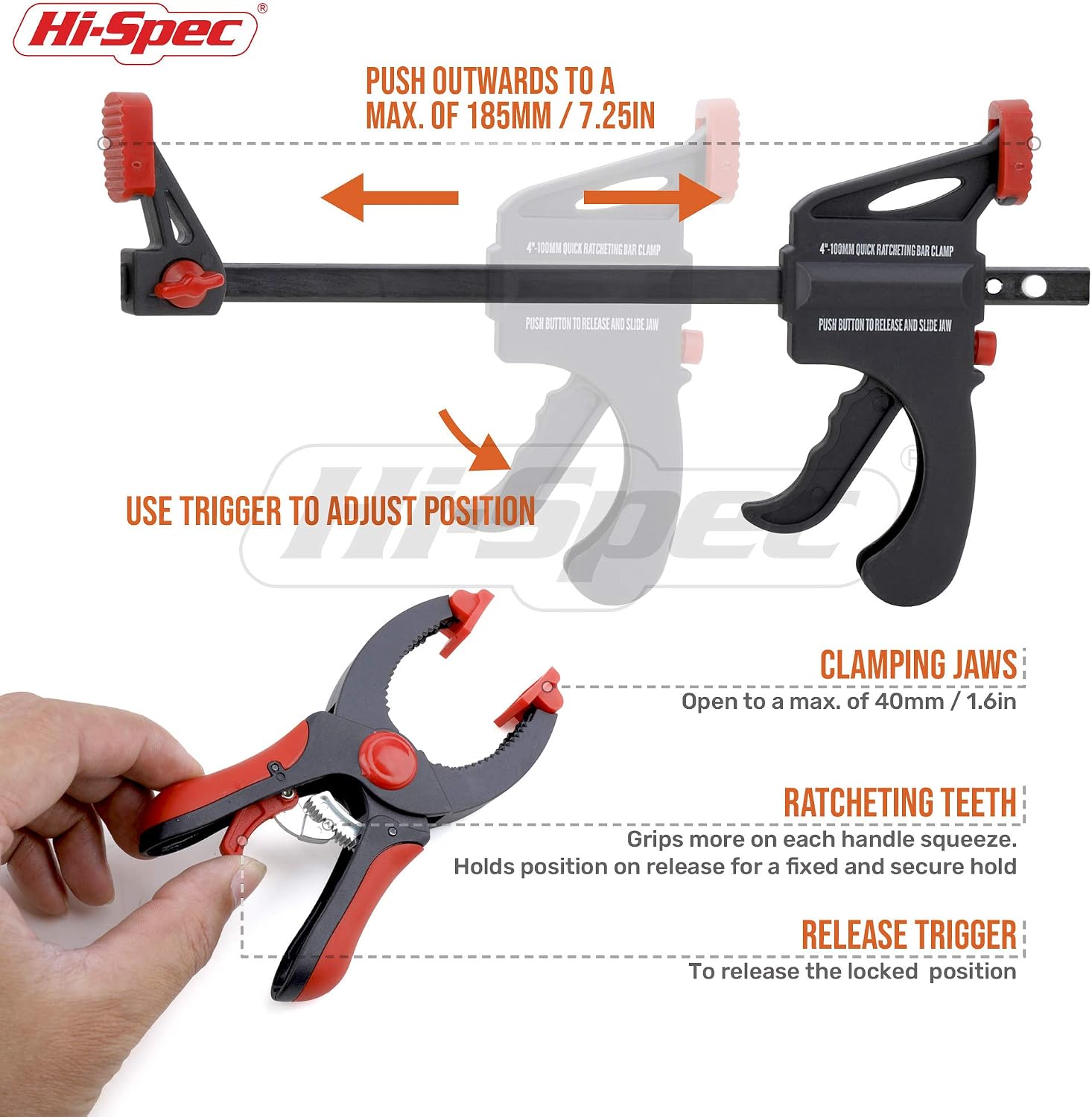 Hi-Spec 8 Piece Spring, Ratchet & Bar Spreader Clamps. Quickly Hold & Position for Woodworking, Photography & DIY. Lightweight, One-Handed Use with Non-Marring Pads