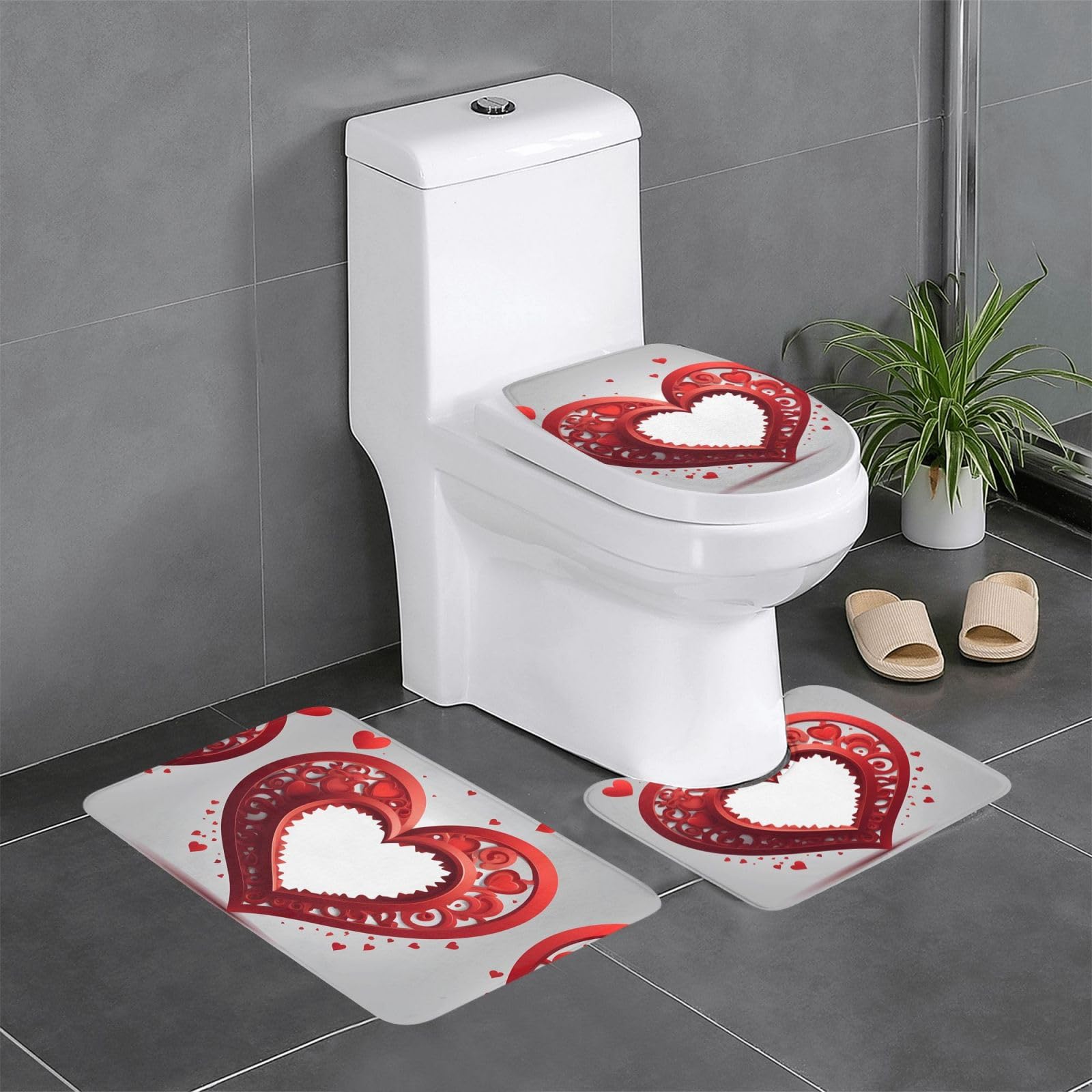 Tapis de salle de bain antidérapant lot de 3 absorbant avec contour wc design cœur