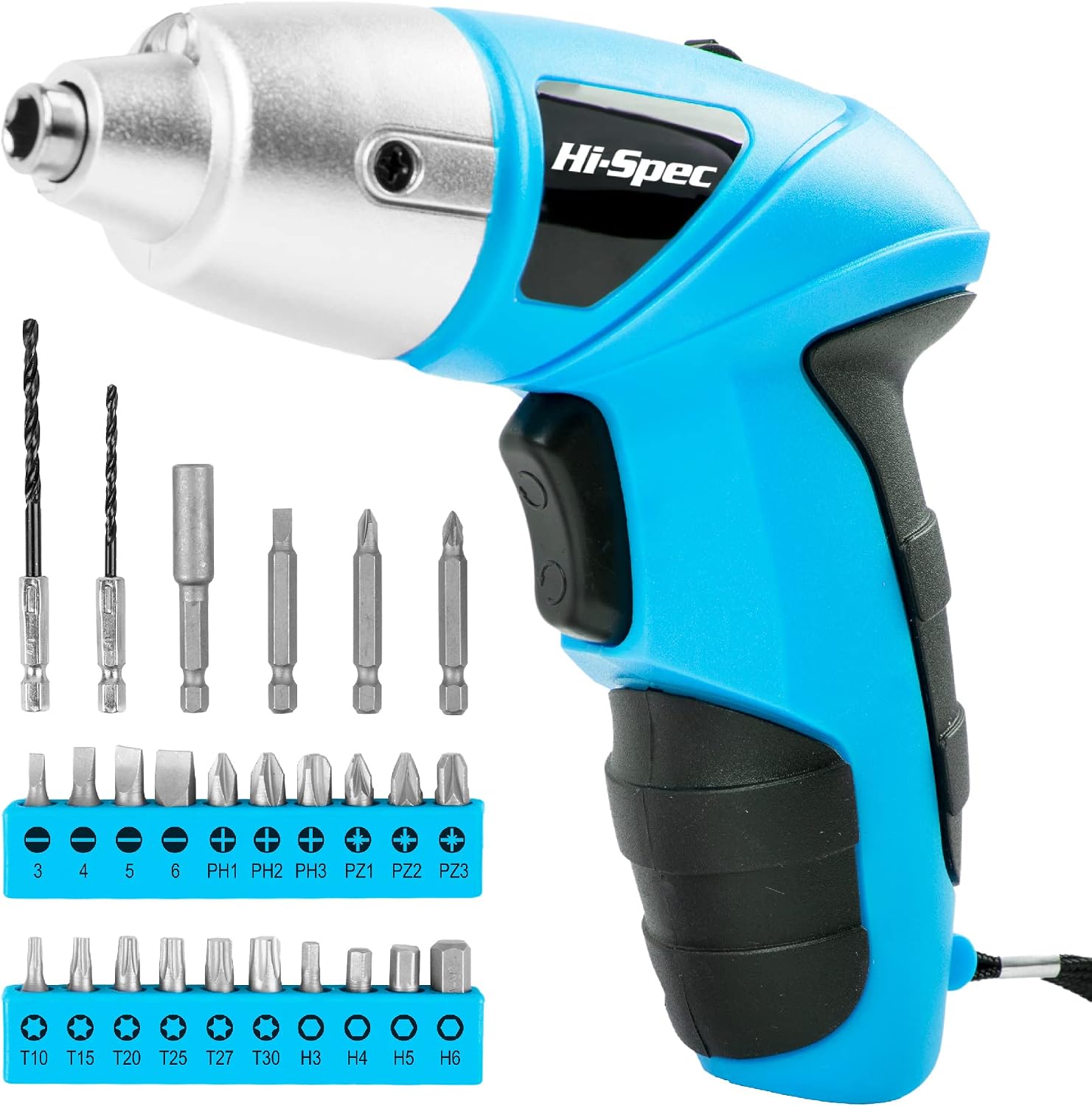 Hi-Spec 27pc 3.6V Blue USB Small Power Electric Screwdriver Set. Cordless & Rechargeable with Driver Bit Set