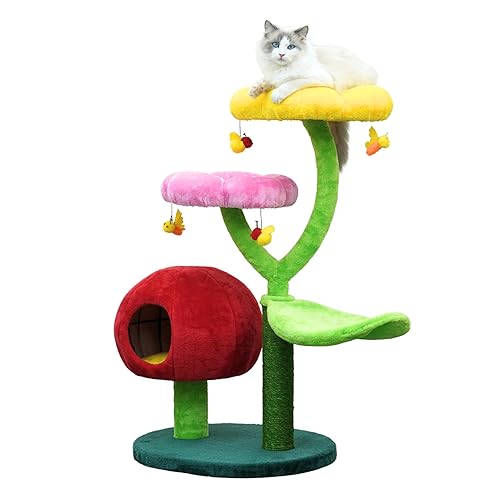 Catry 5-Level 40" Colorful Garden Style Cat Tree with Flower Perches, Leaf Hammock, Fruit Condo, Natural Sisal Scratching Post, Bee Toys, Parts Replaceable - Bees and Flowers