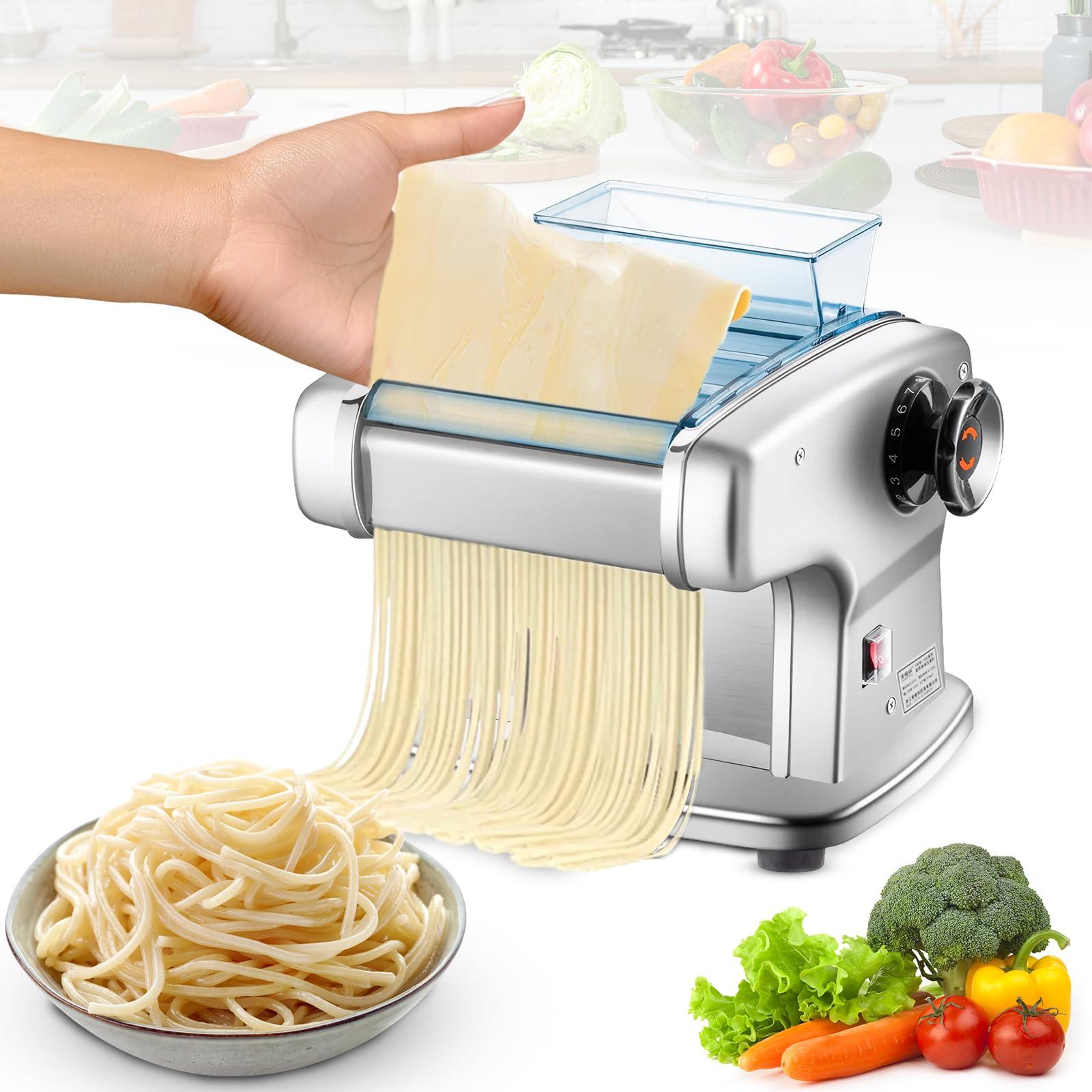 Macchina per pasta elettrica da 135 W, in acciaio inox, per la preparazione di spaghetti e lasagne, con 4 lame di larghezza (2 mm, 2,5 mm, 4 mm, 9 mm) e 9 spessori variabili di impasto