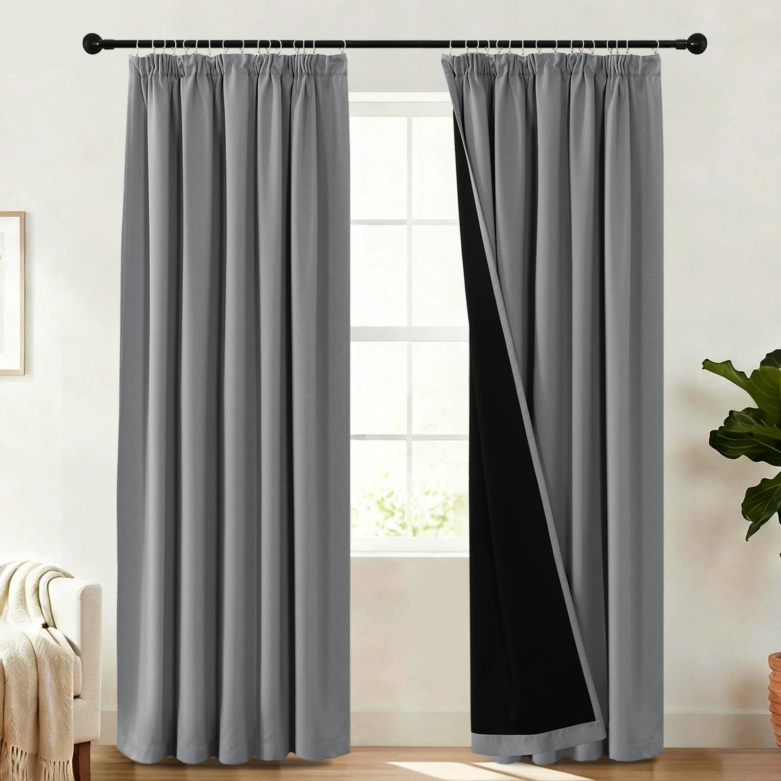 BellaHills 100% Blackout Curtains for Bedroom Thermal Insulated Curtains & Drapes for Living Room Black out Window Curtain with Hooks Pencil Pleat Back Tab Rod Pocket 2 Panels, W90 X L90, Dove Grey