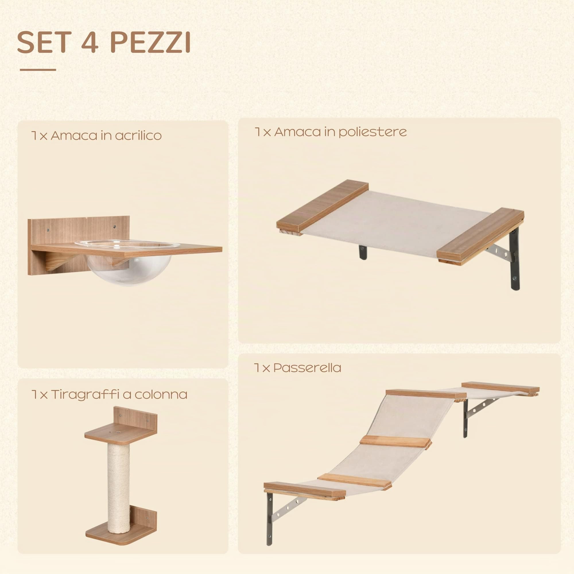 PawHut Tiragraffi per Gatti da Parete Set 4 Pezzi con Amache, Tiragraffi a Colonna e Passerella in Legno e Sisal, Marrone