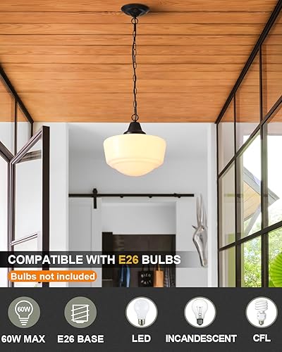 Miniatura 2 de Schoolhouse - Lámpara colgante de 12 pulgadas, acabado negro con vidrio de leche ajustable de mediados de siglo, iluminación colgante para cocina,