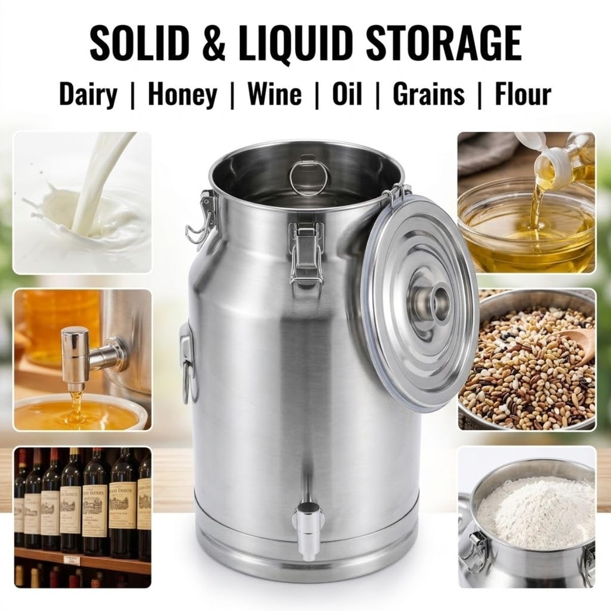 5L 9L 22L Dzbanek na Mleko ze Stali Nierdzewnej z Kranem 304 | Wytrzymały Dzbanek na Mleko Szczelny Pojemnik na Płyny Wino Olej Fermentacja Farma(No Spigot,18L)