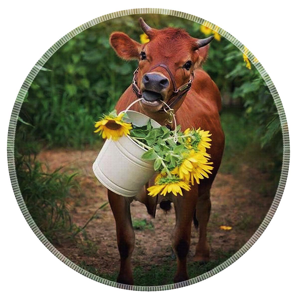 POKABOO Mouse Pad - Cute Mouse Pad Mat for Laptop Cows and Sunflowers Non-Slip Rubber Stitched Edges Working Gaming Mouse Pads for Kids/Boys/Girls/Adults(Round 200x3mm)