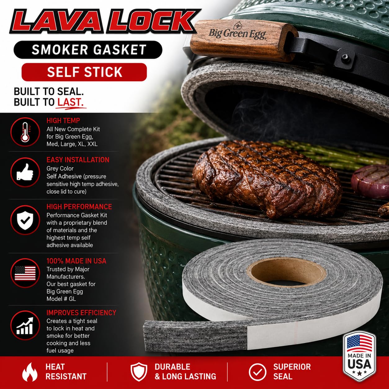 LavaLock Nomex Kit de joints de rechange haute température pour couvercle en céramique Lg XL Big Green Egg