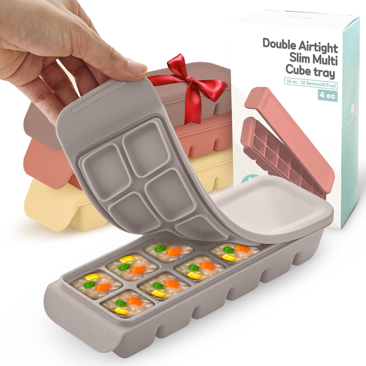 Silicone Ice Cube Freezer Tray with Lid, 100% Food-Grade Platinum Silicone,Leak Resistance & Dishwasher Safe for Baby Food Prep,Breast Milk,Purees - Korean Made (4 Sets 0.7 oz/12 Sections)