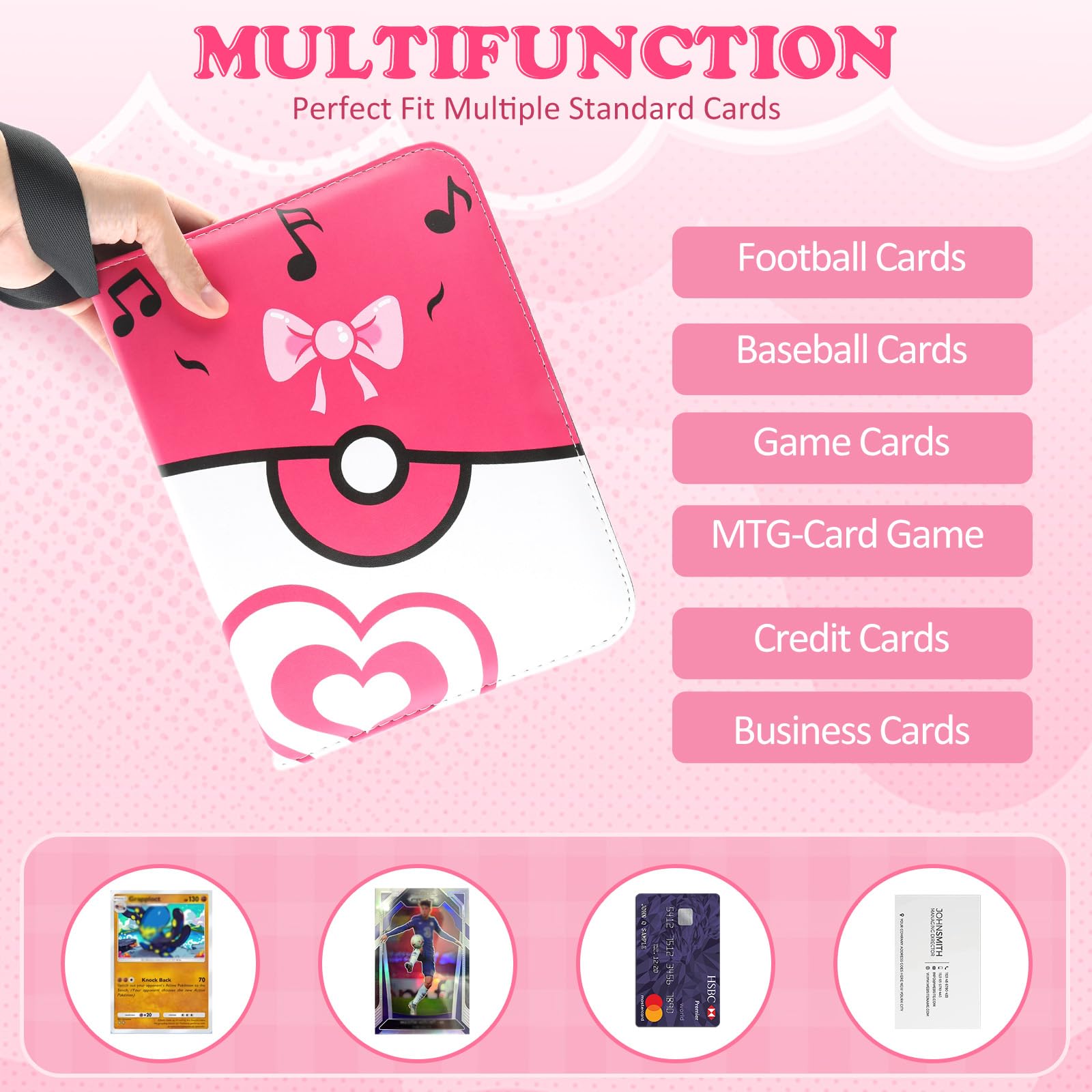 Kartenbinder für Mädchen, 4 Taschen, 400 Kartenhalter mit 50 abnehmbaren Hüllen, Sammelkartenhalter für TCG-Spielkarten, Sammleralbum, Sport-Sammelkarten, Sammelalbum, Rosa