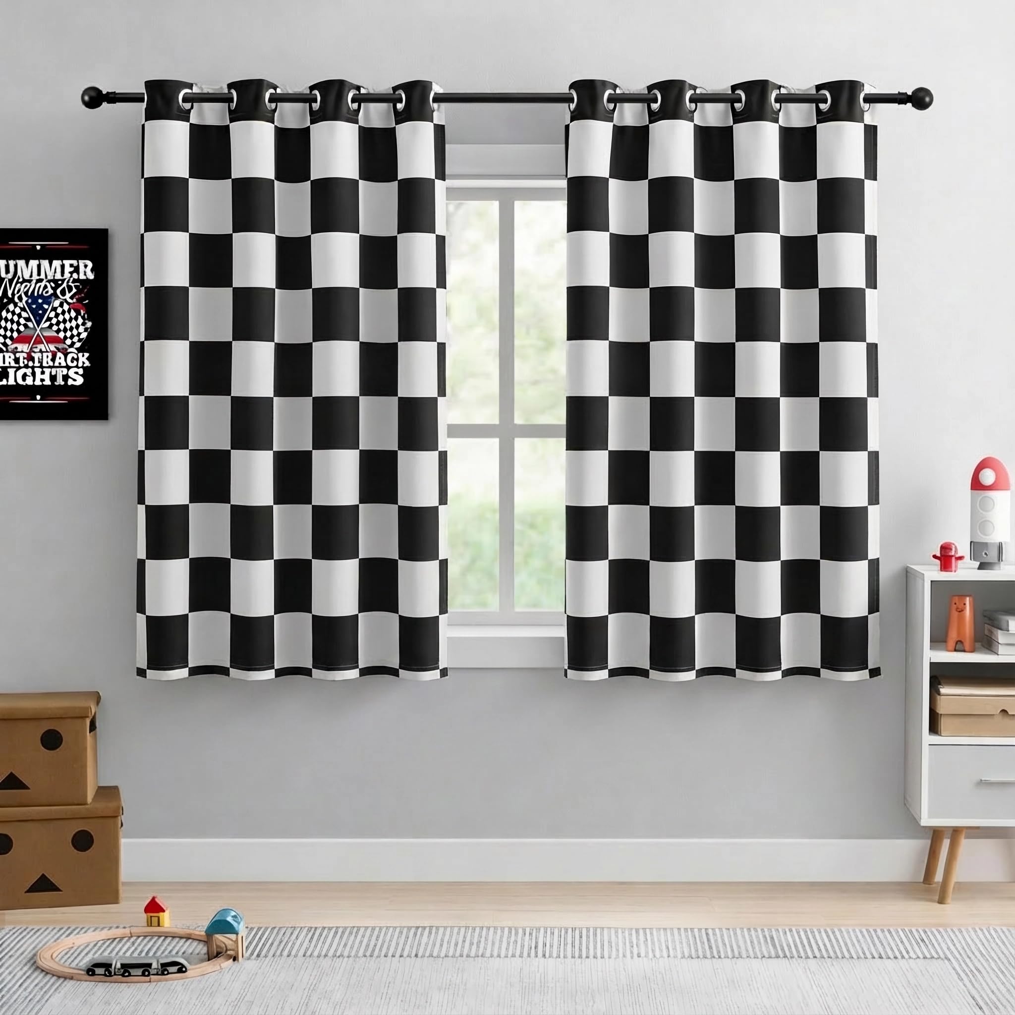 BOHOMOCASA 100% Blackout Curtains – Black and White Checkered Race Flag Pattern, 2 Panels, Each W52×L63, Thermal Insulated, Nosie Reducing for Bedroom, Living Room, Race car Drapes — image 1